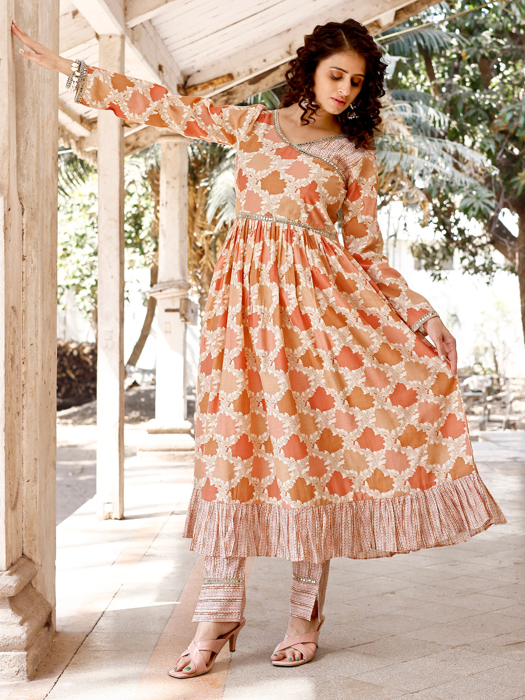 Floral Printed Mirror Work Long Kurti And Fancy Pant