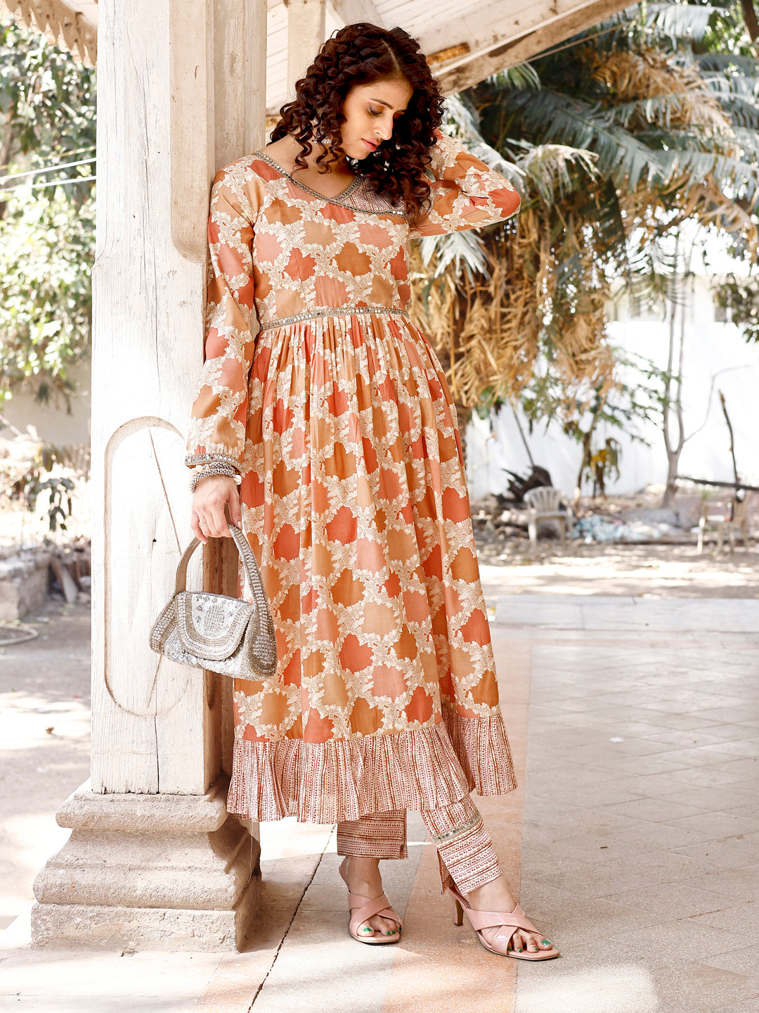 Floral Printed Mirror Work Long Kurti And Fancy Pant