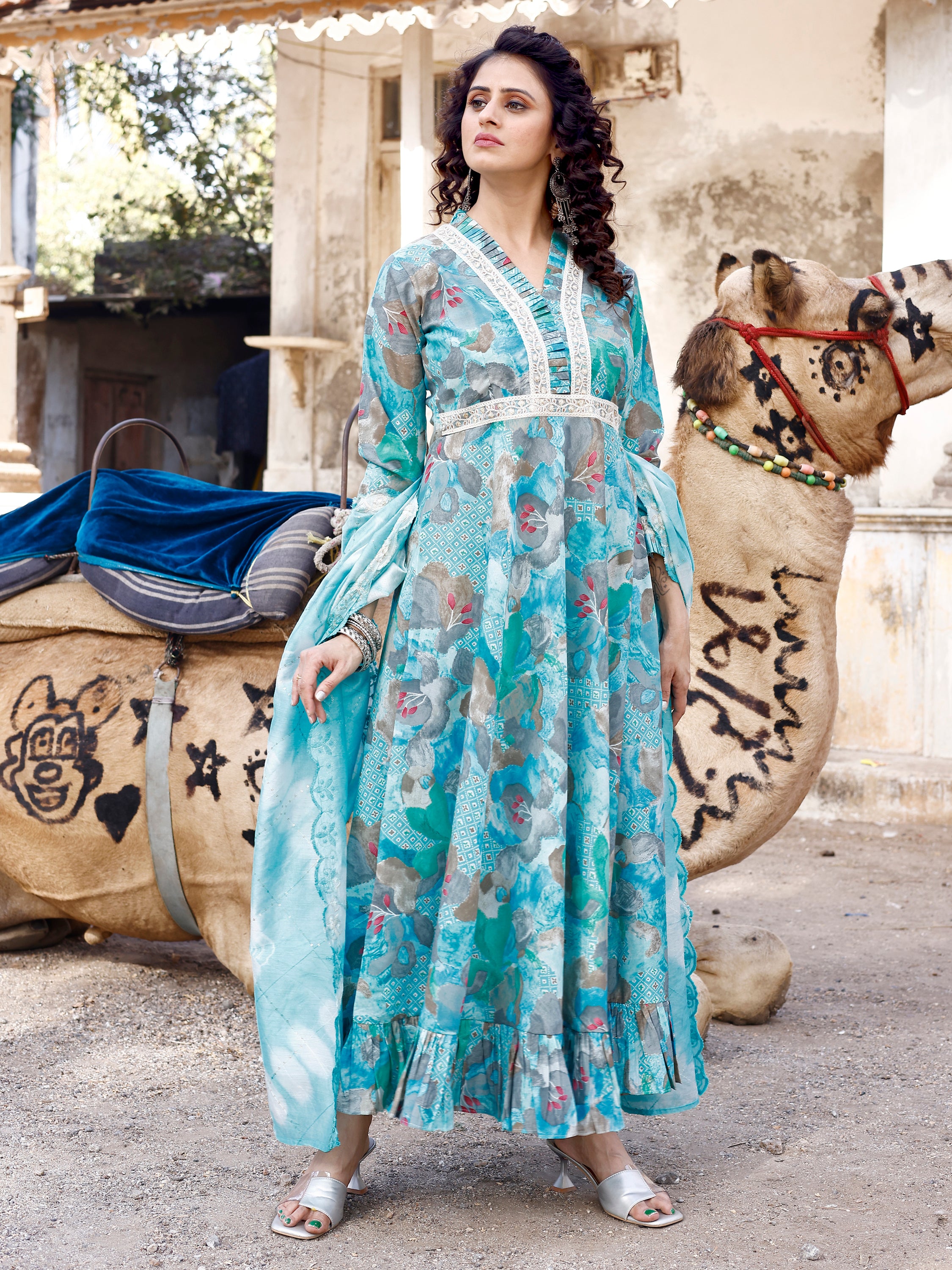 Serene Sky Elegance Long Flare Kurti With Dupatta for Women