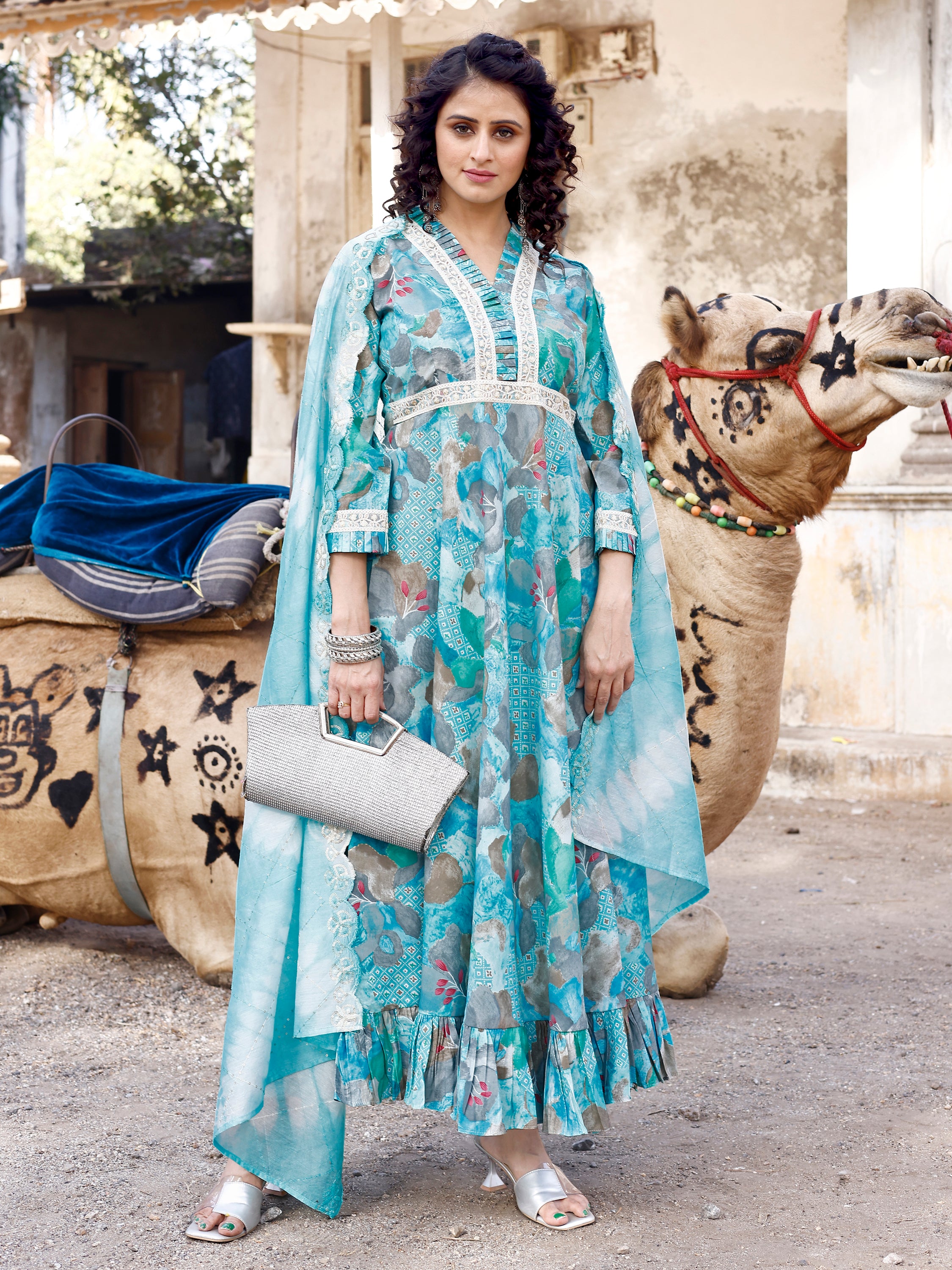 Serene Sky Elegance Long Flare Kurti With Dupatta for Women