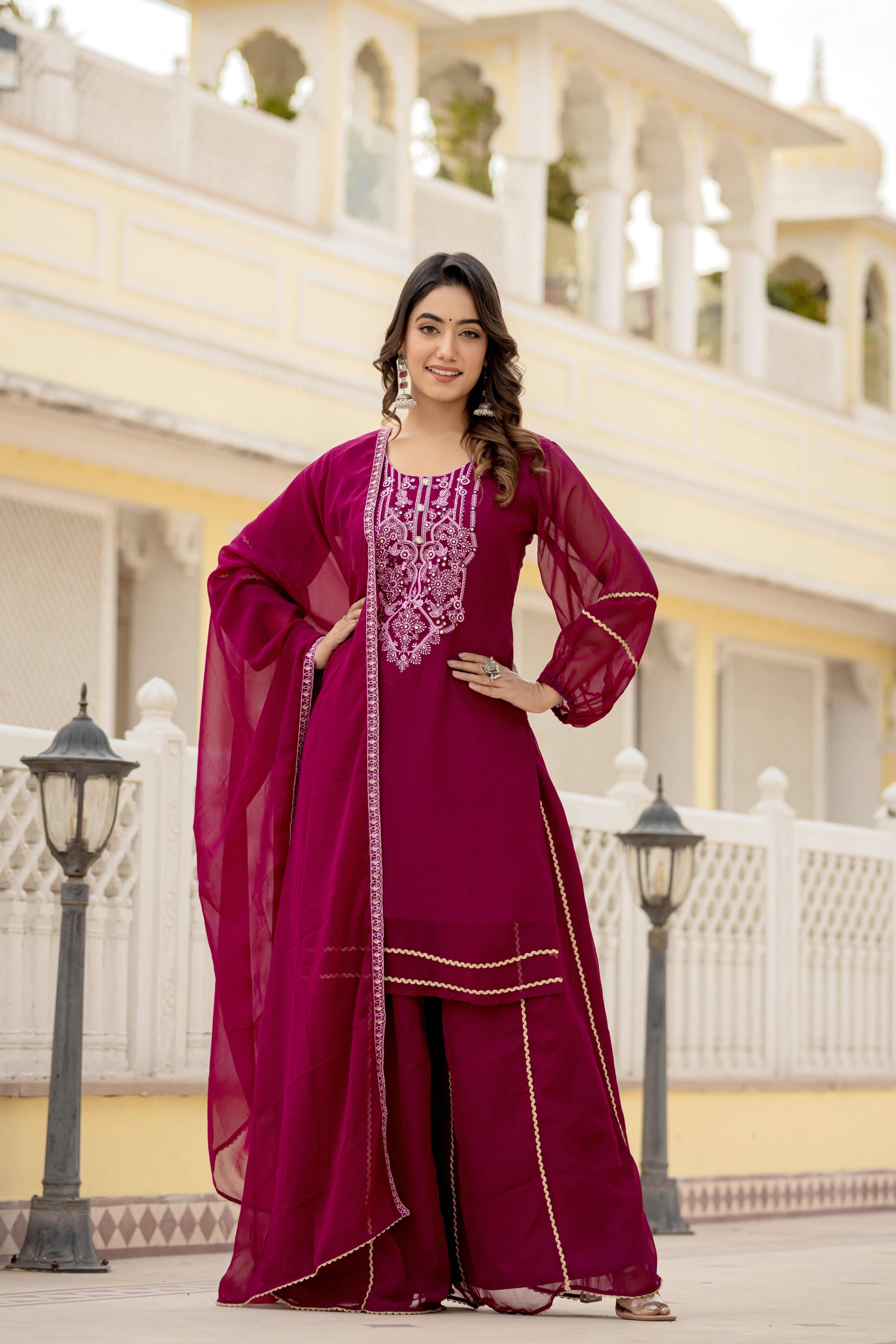 New Blooming Georgette Fabric Sharara Suit With Hand Work