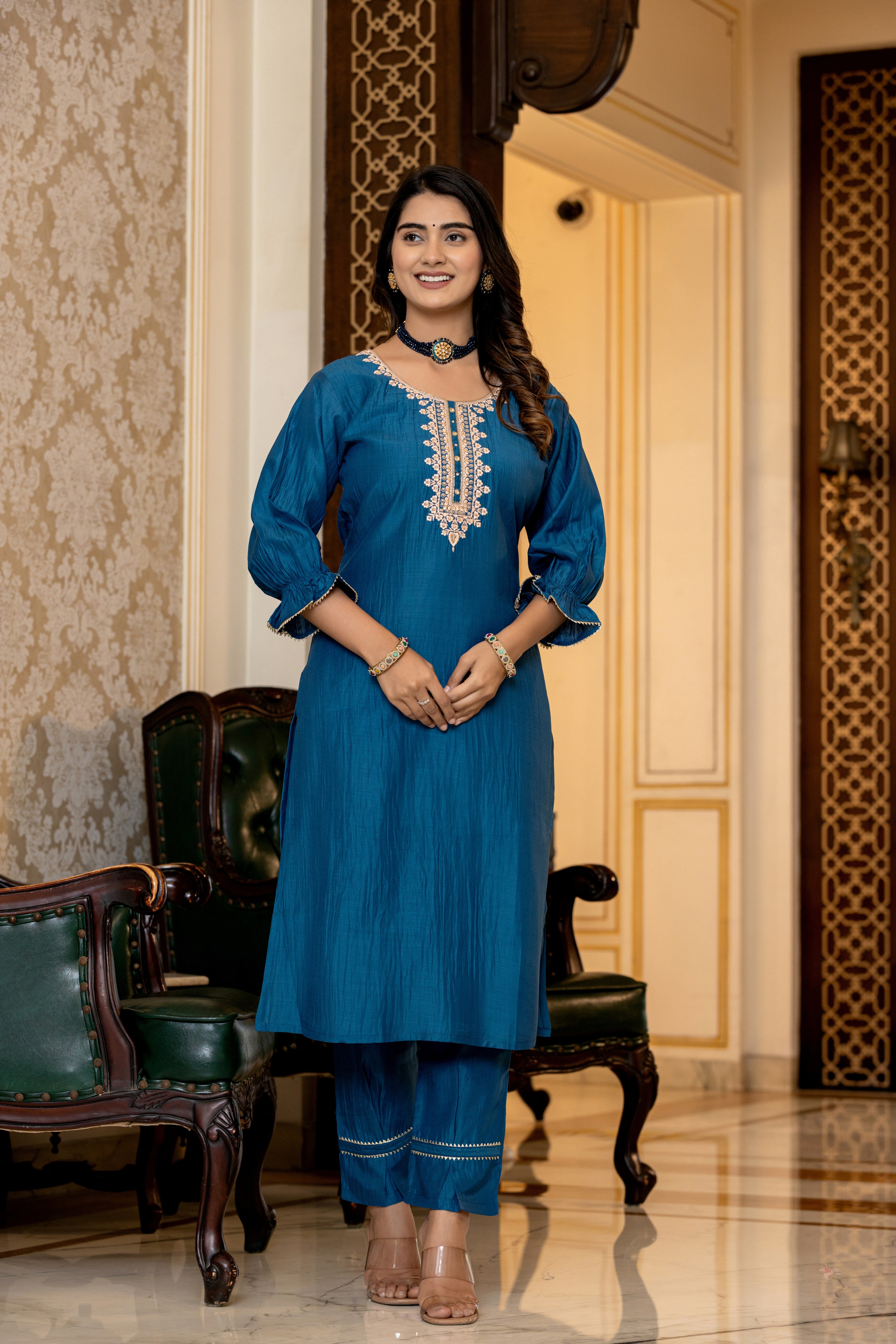 New A-Line Fancy Sleeve kurti With Designers Pant Dupatta