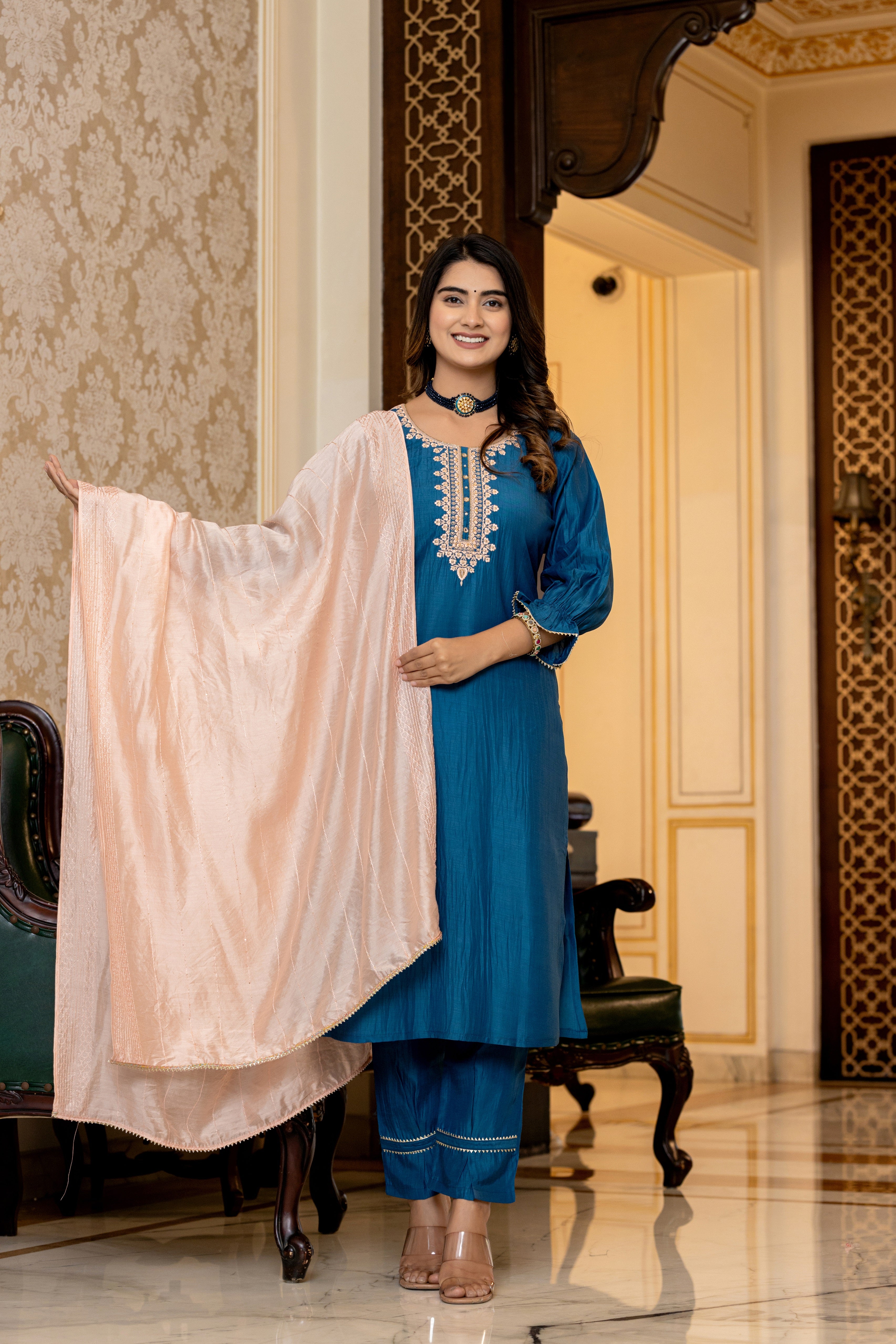 New A-Line Fancy Sleeve kurti With Designers Pant Dupatta