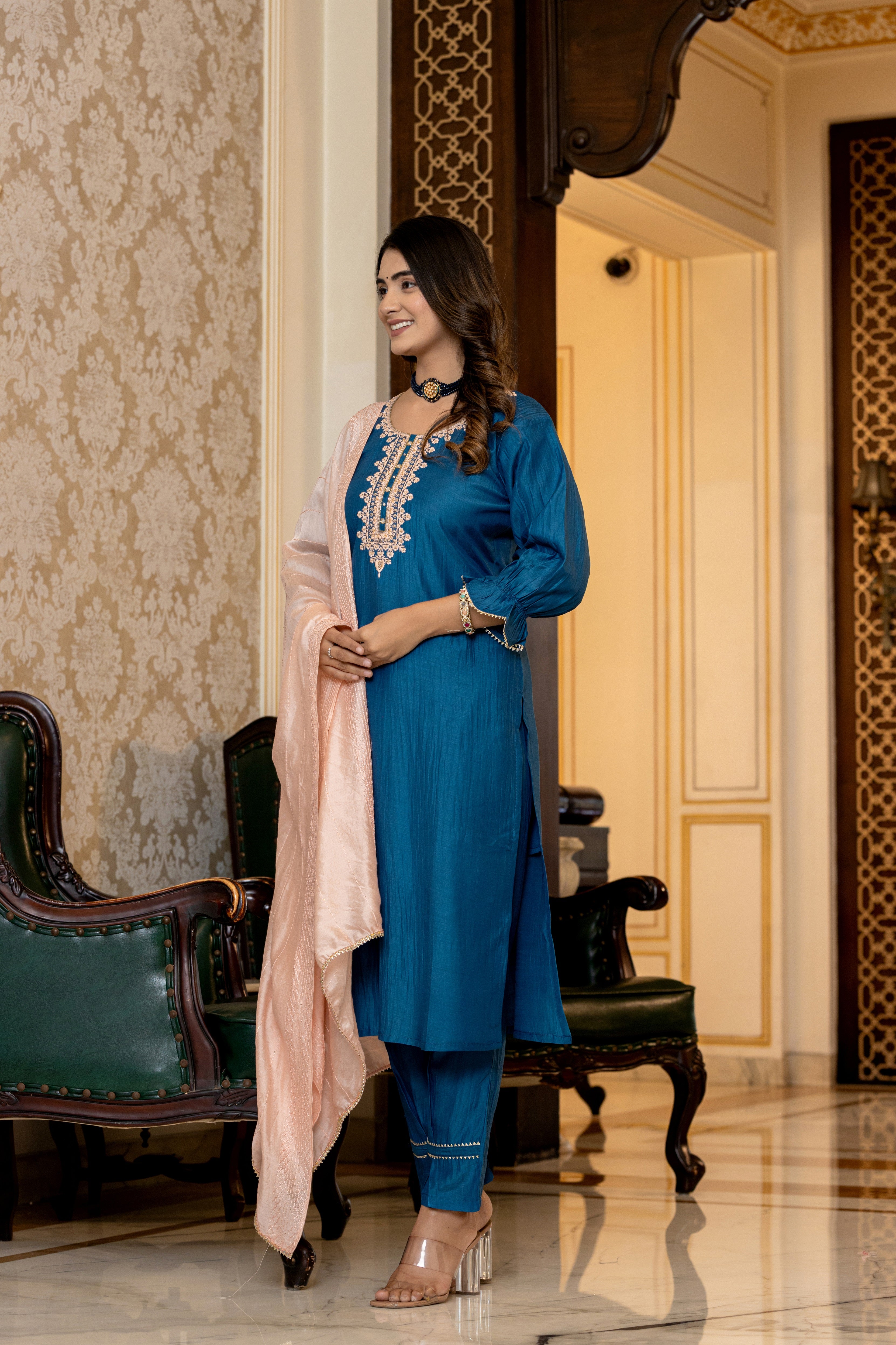 New A-Line Fancy Sleeve kurti With Designers Pant Dupatta