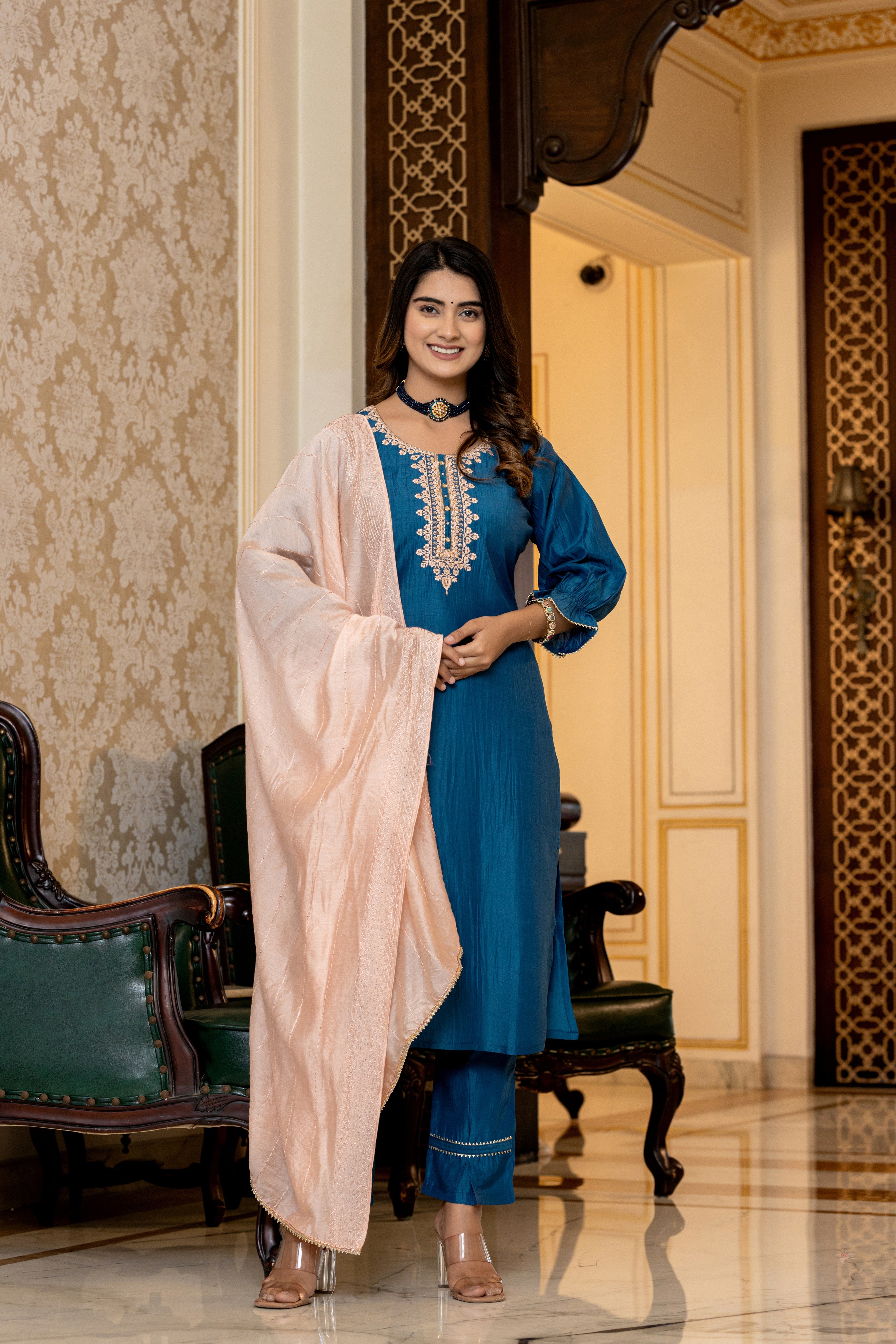 New A-Line Fancy Sleeve kurti With Designers Pant Dupatta