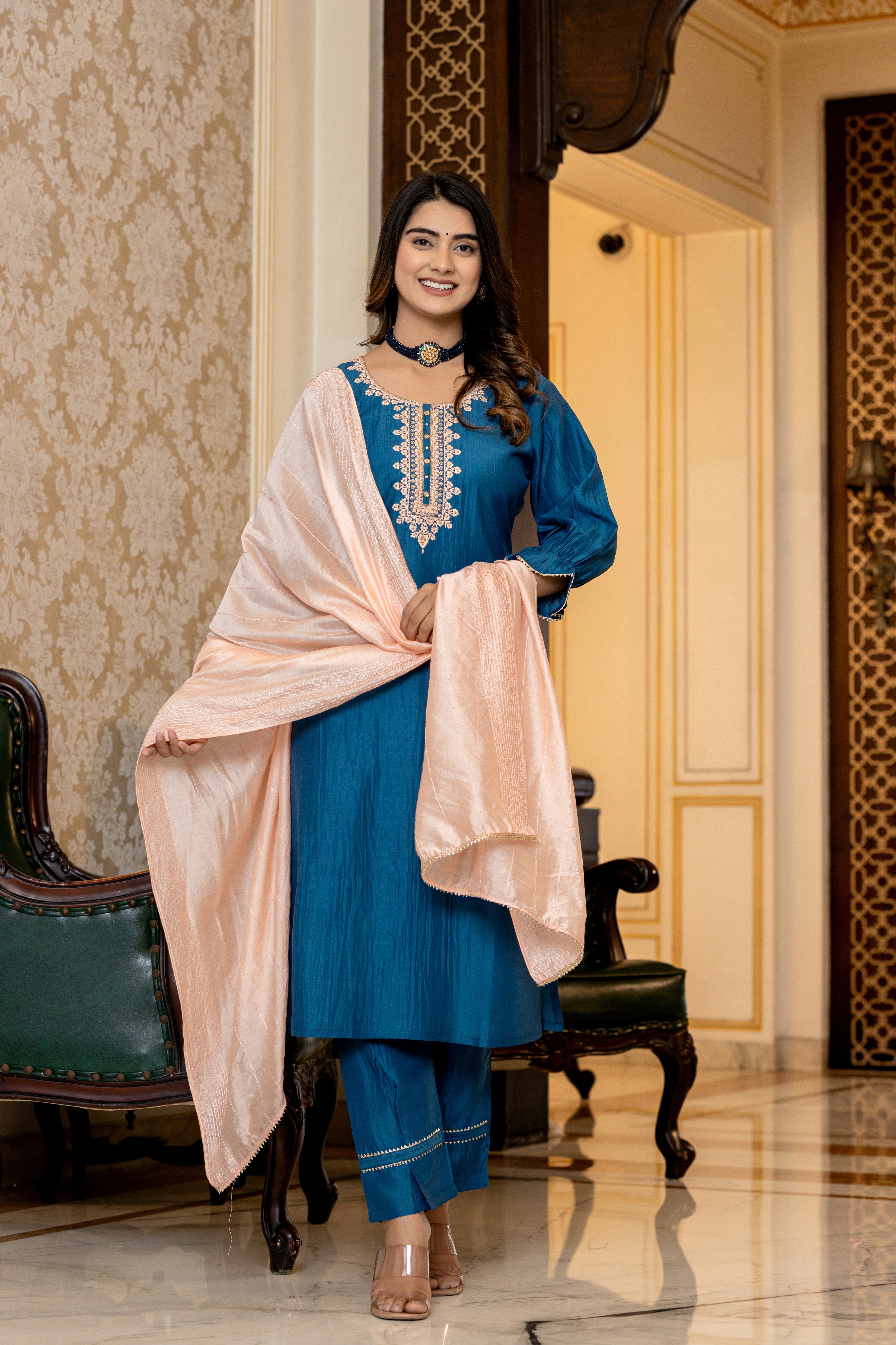 New A-Line Fancy Sleeve kurti With Designers Pant Dupatta