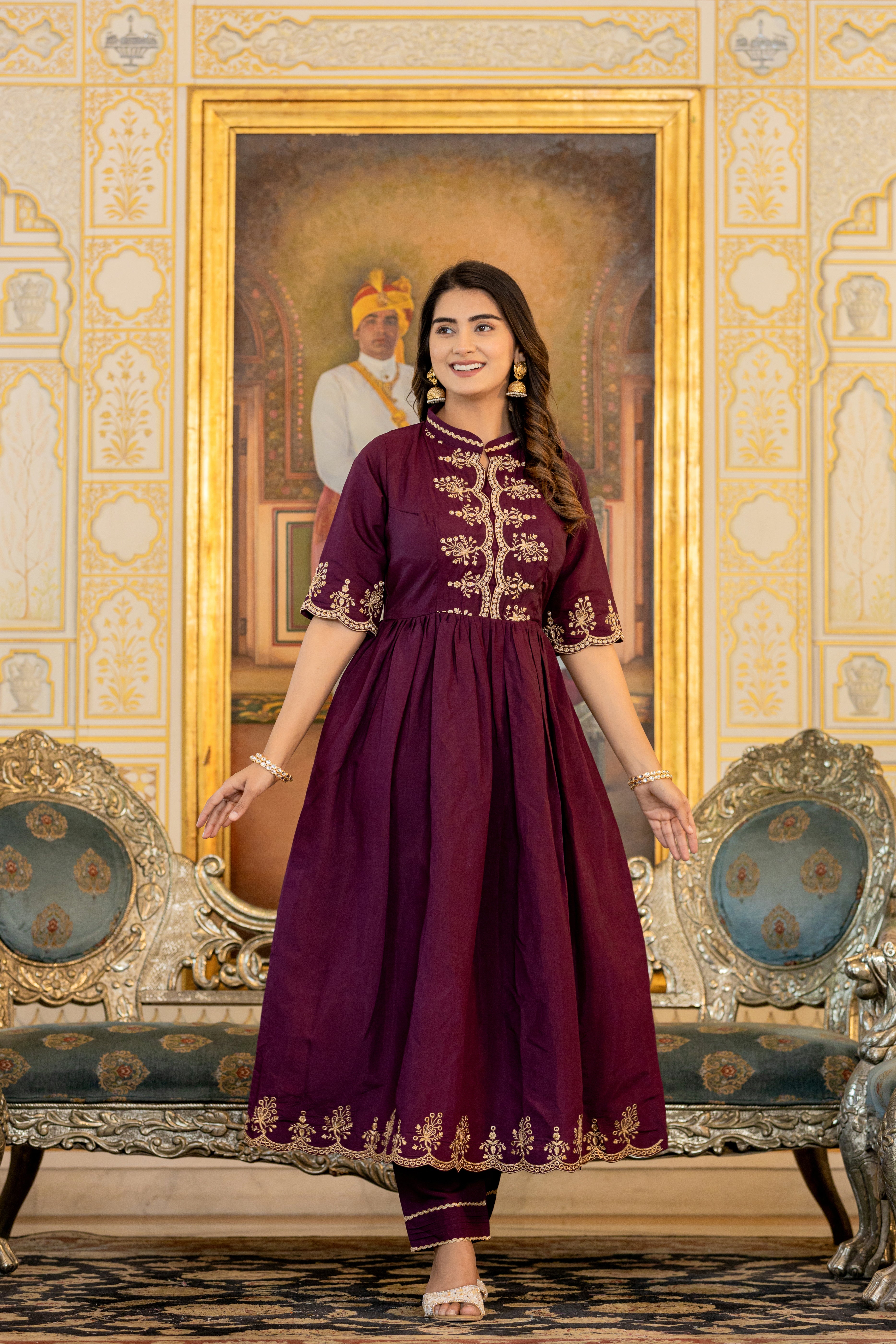 Woman's Resham Sequence Work Wine Kurta Set with Designer Dupatta