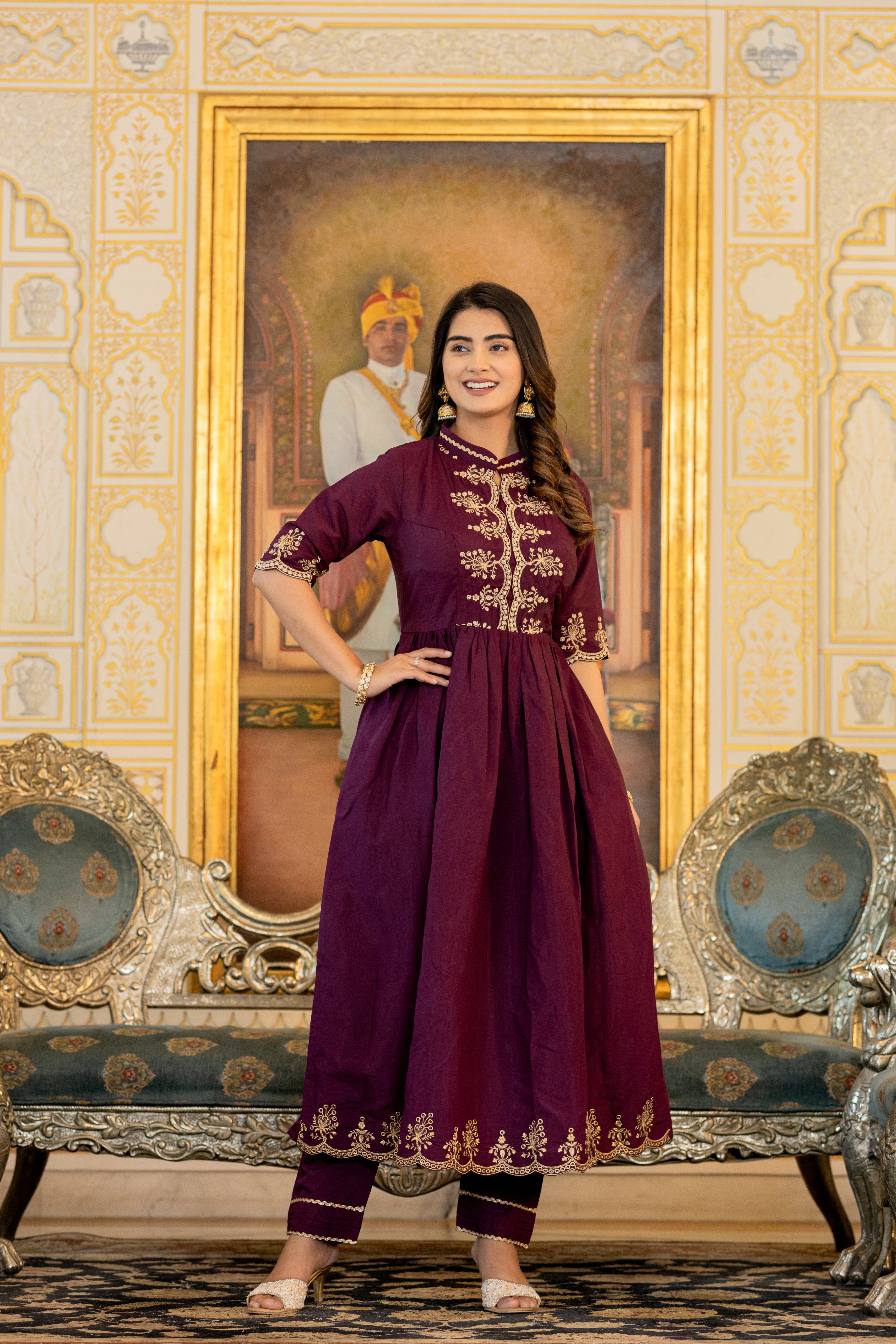 Woman's Resham Sequence Work Wine Kurta Set with Designer Dupatta