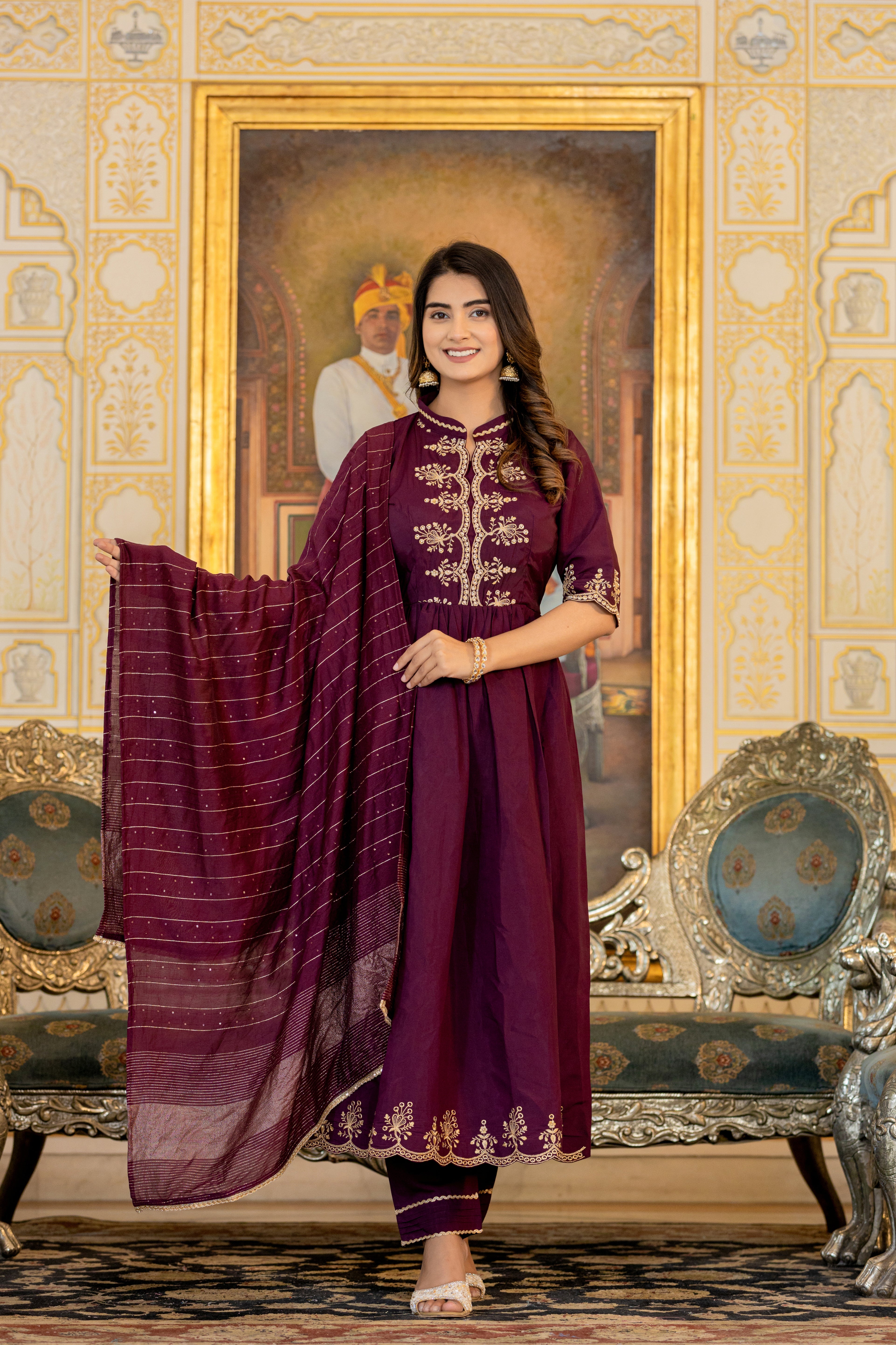 Woman's Resham Sequence Work Wine Kurta Set with Designer Dupatta