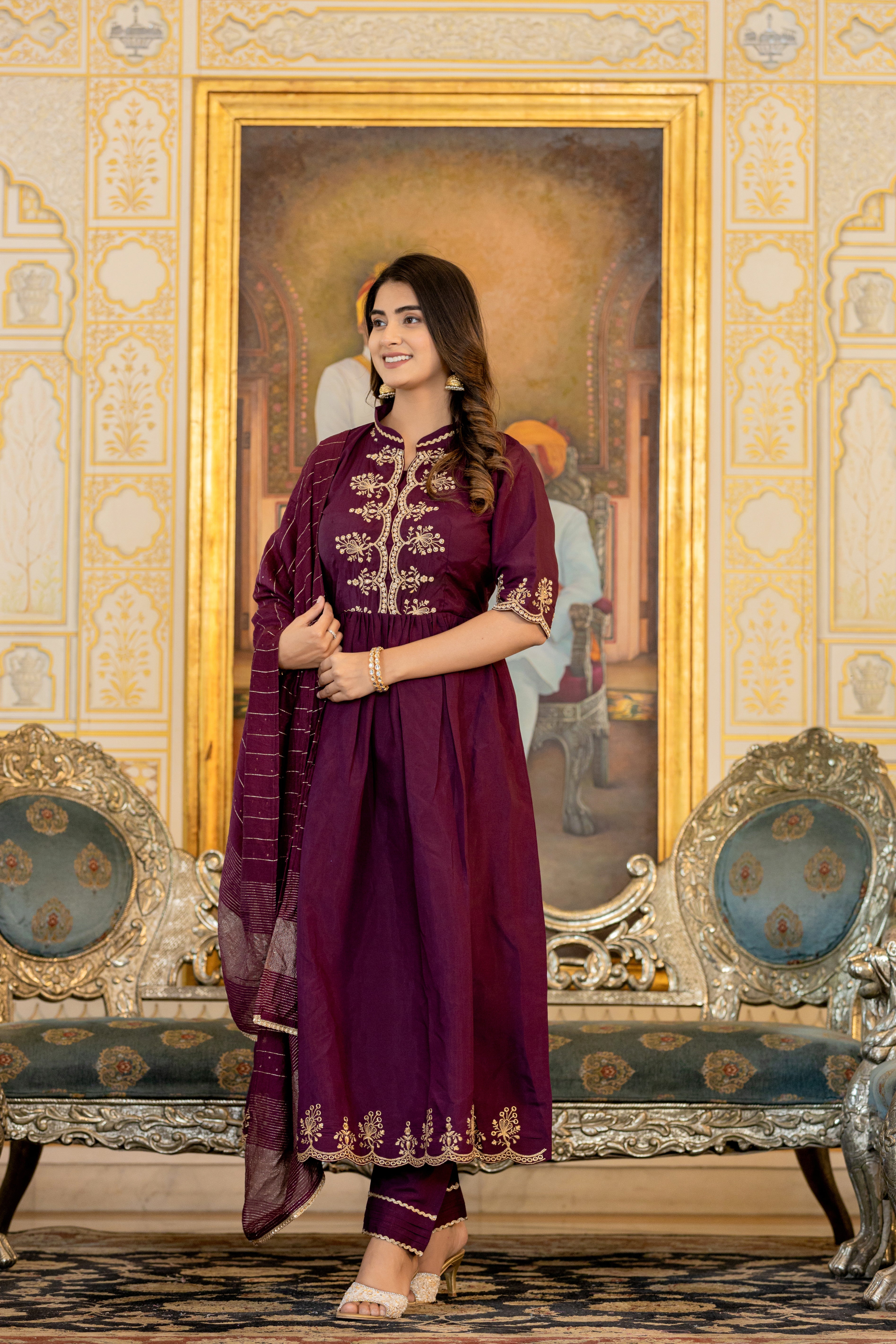 Woman's Resham Sequence Work Wine Kurta Set with Designer Dupatta