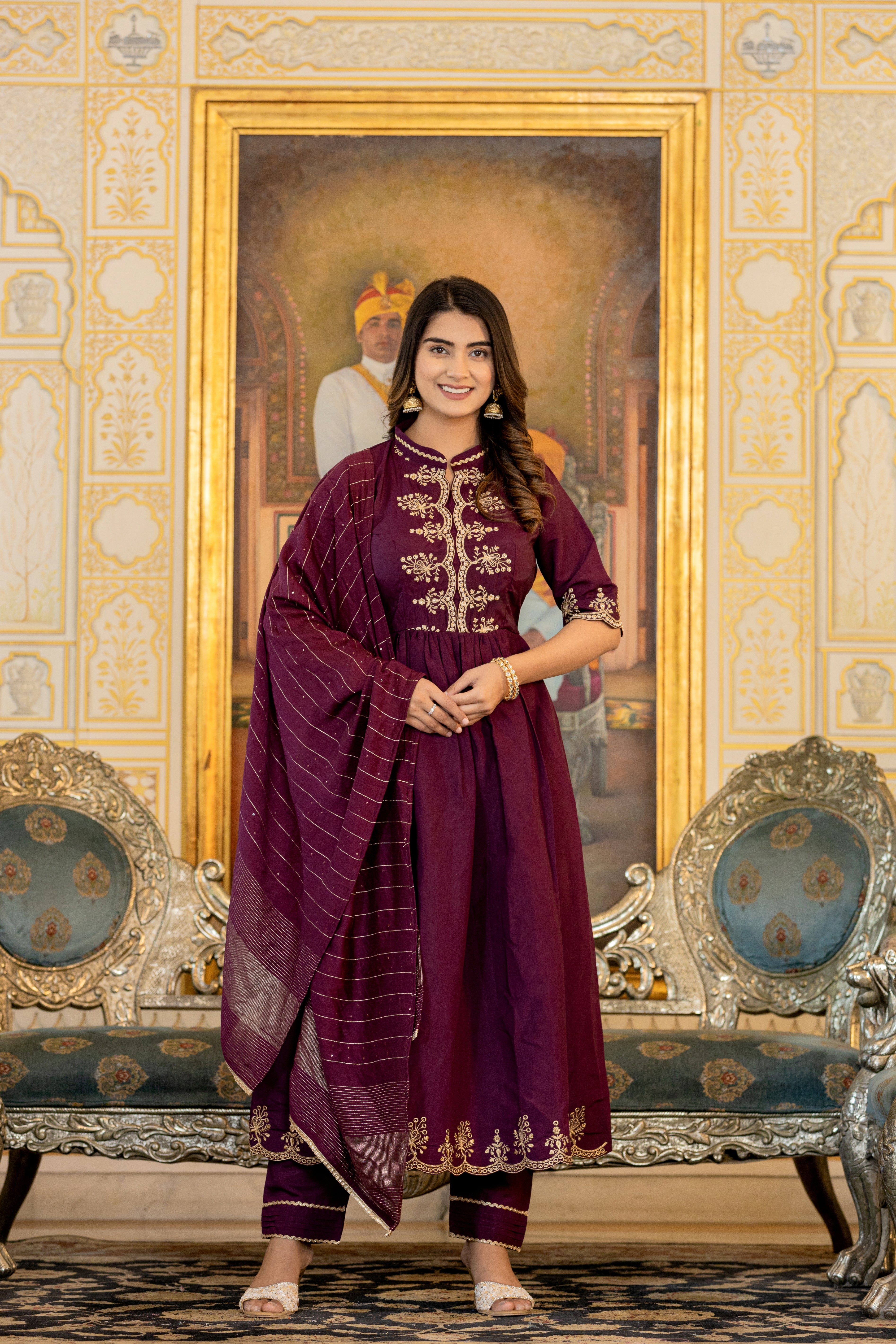 Woman's Resham Sequence Work Wine Kurta Set with Designer Dupatta