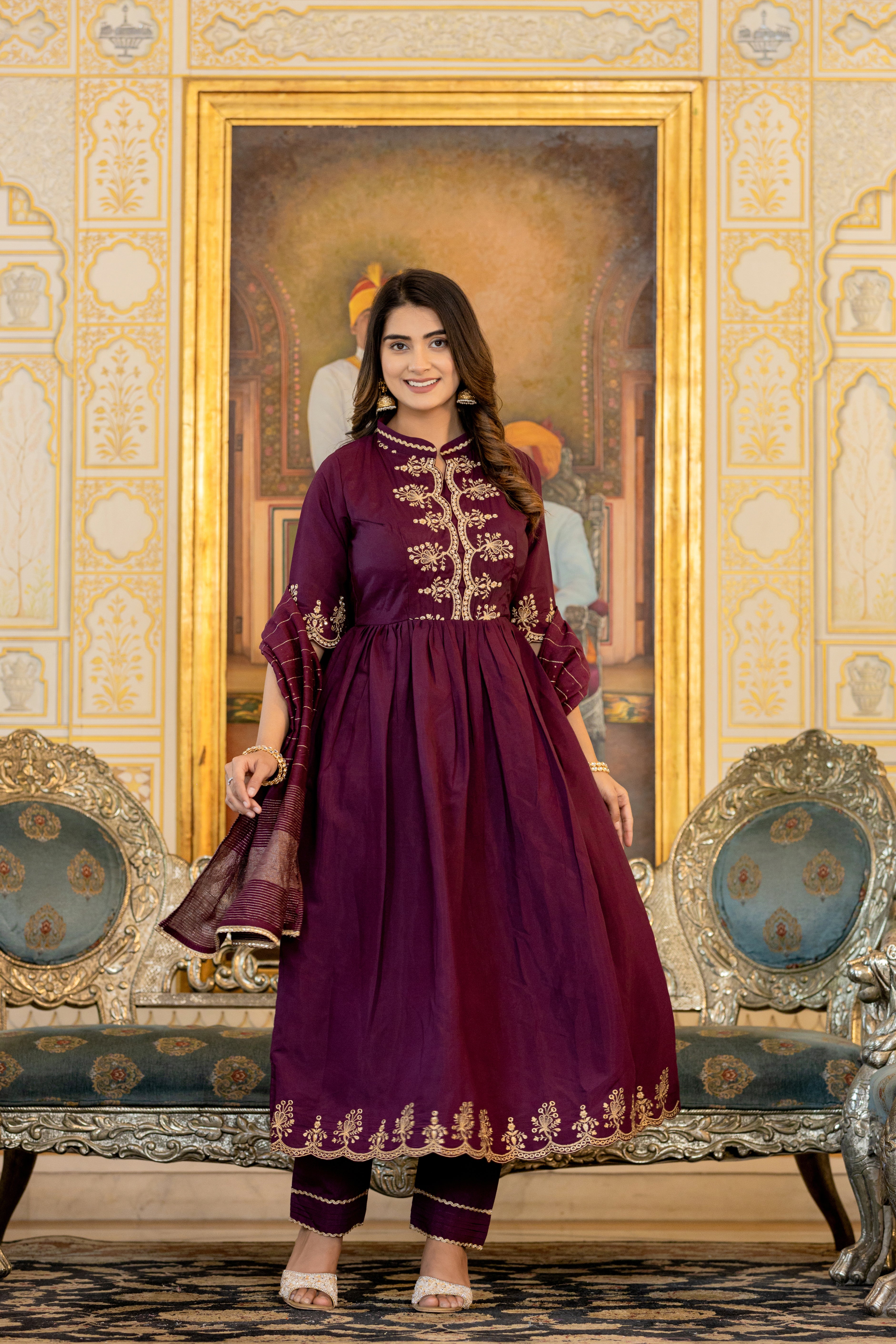 Woman's Resham Sequence Work Wine Kurta Set with Designer Dupatta