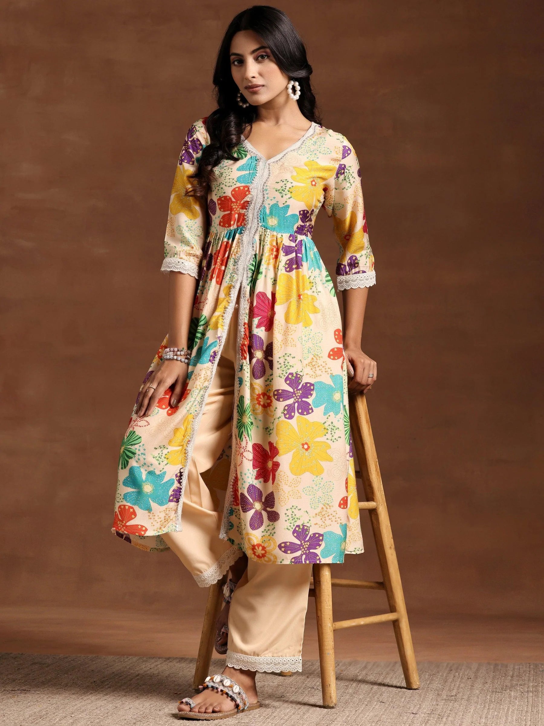 Rivaasa Presenting Beige Printed Silk Blend A-Line Kurta With Plazo