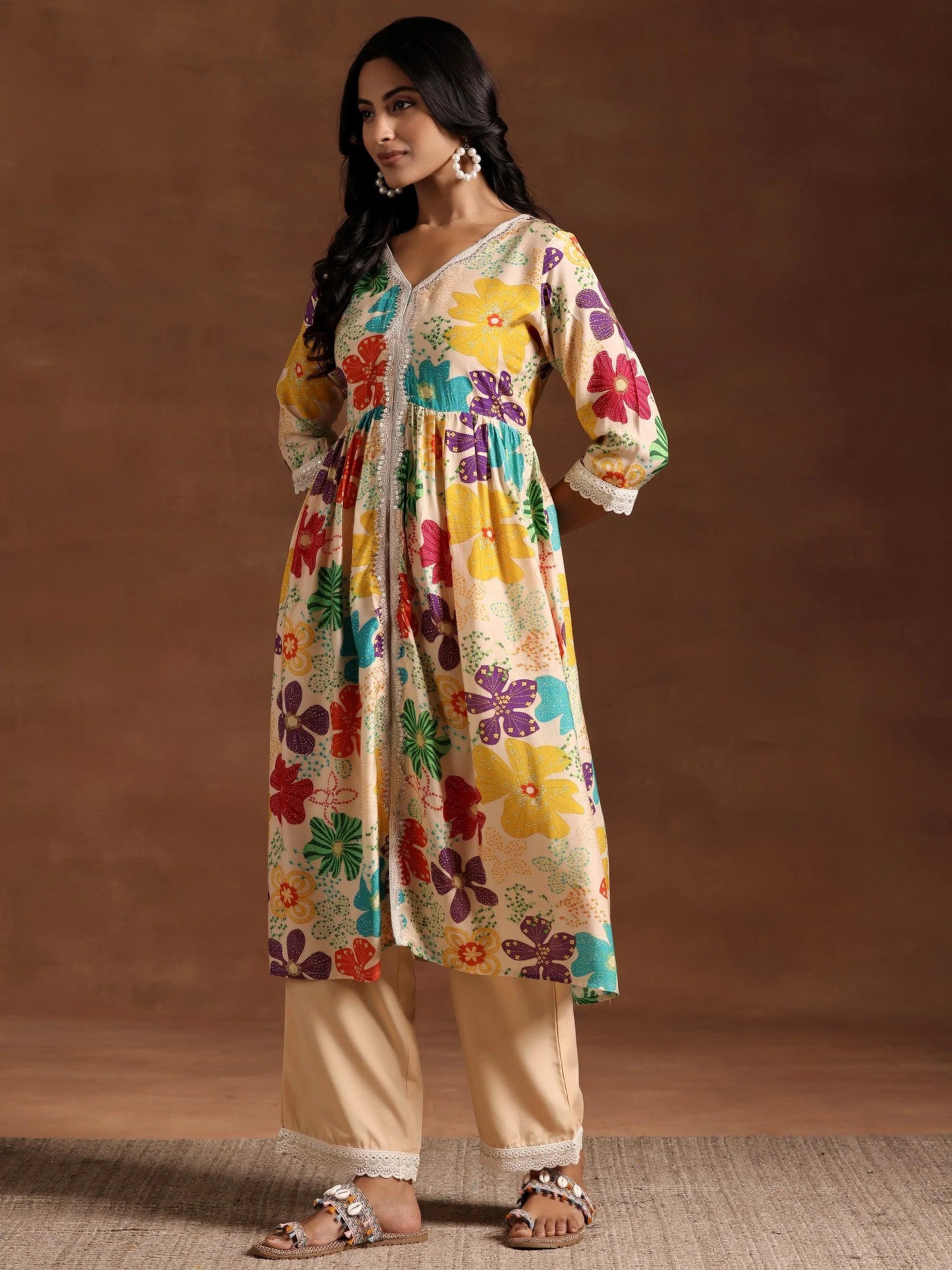 Rivaasa Presenting Beige Printed Silk Blend A-Line Kurta With Plazo