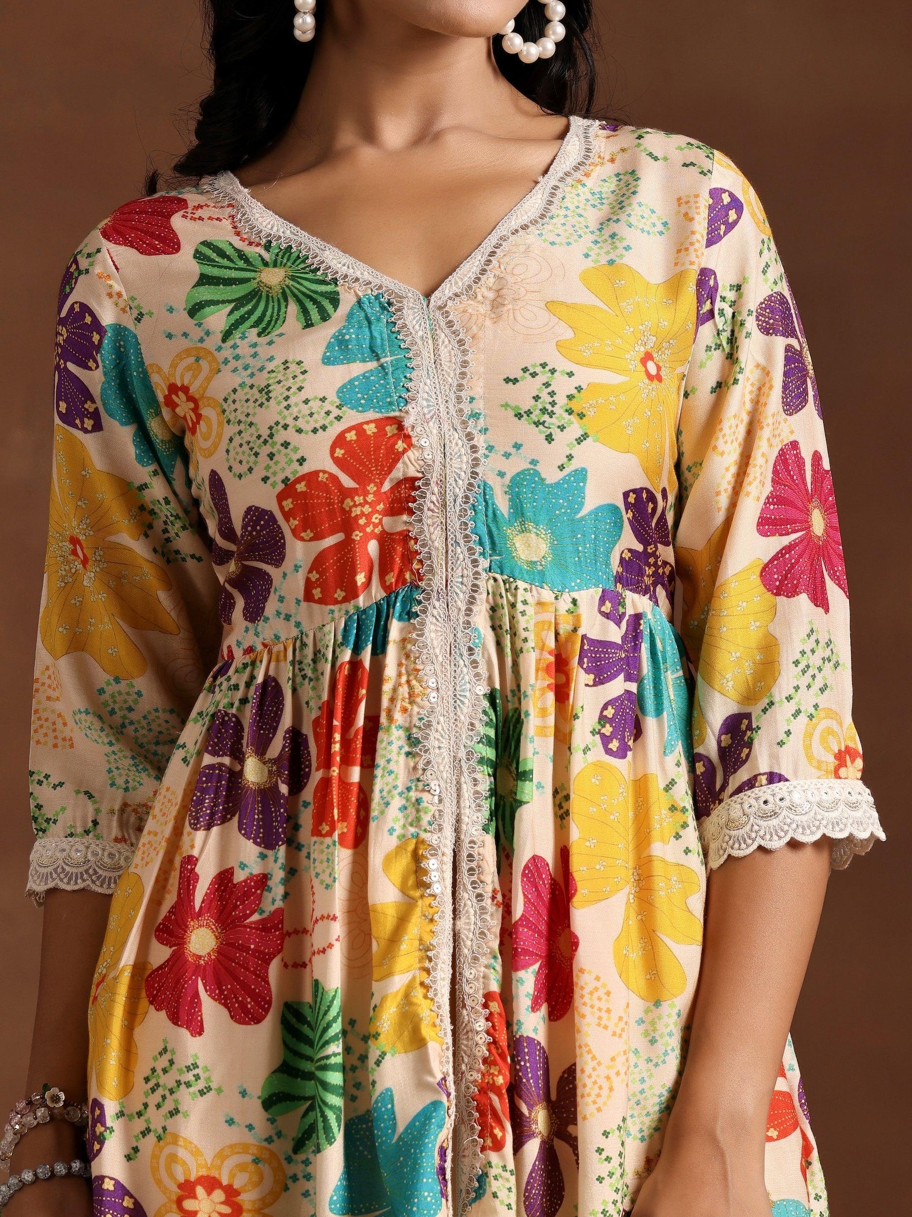 Rivaasa Presenting Beige Printed Silk Blend A-Line Kurta With Plazo