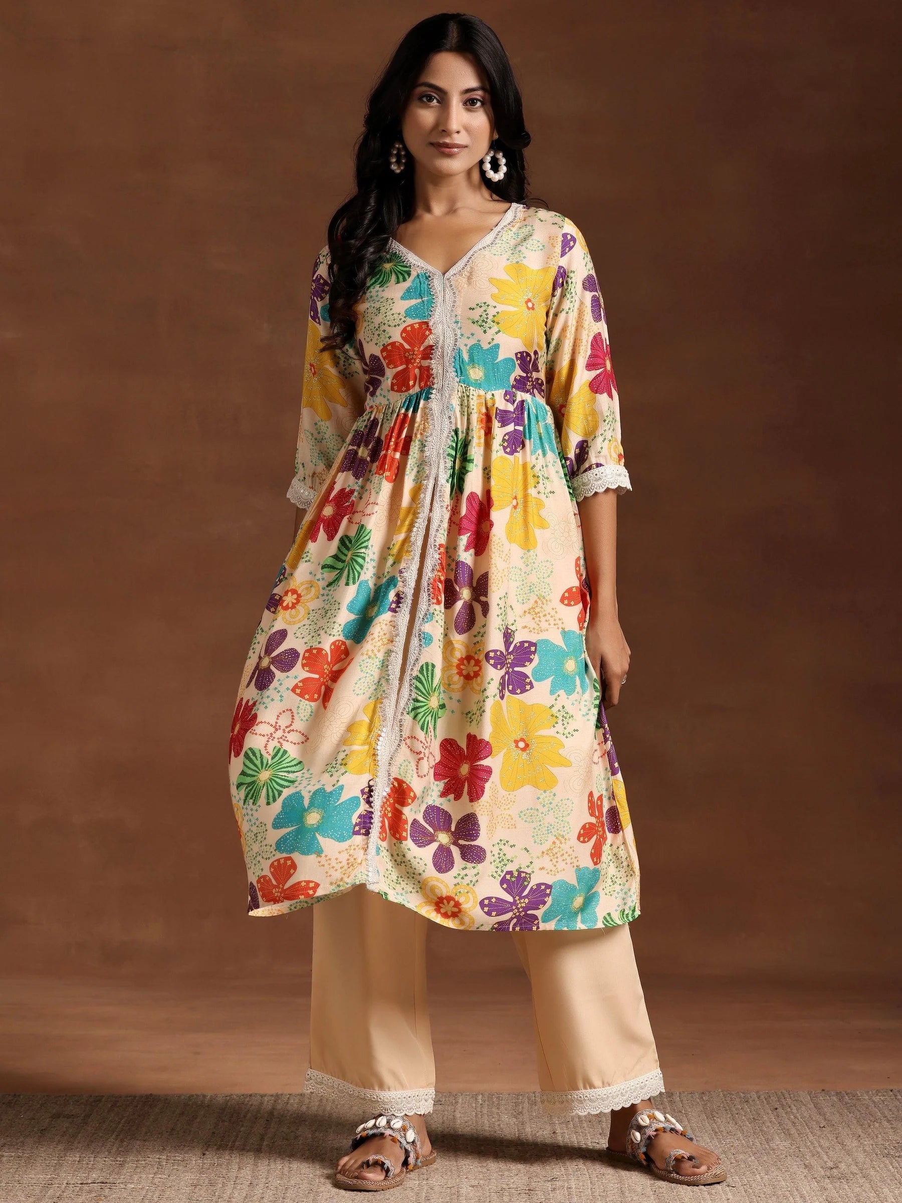 Rivaasa Presenting Beige Printed Silk Blend A-Line Kurta With Plazo