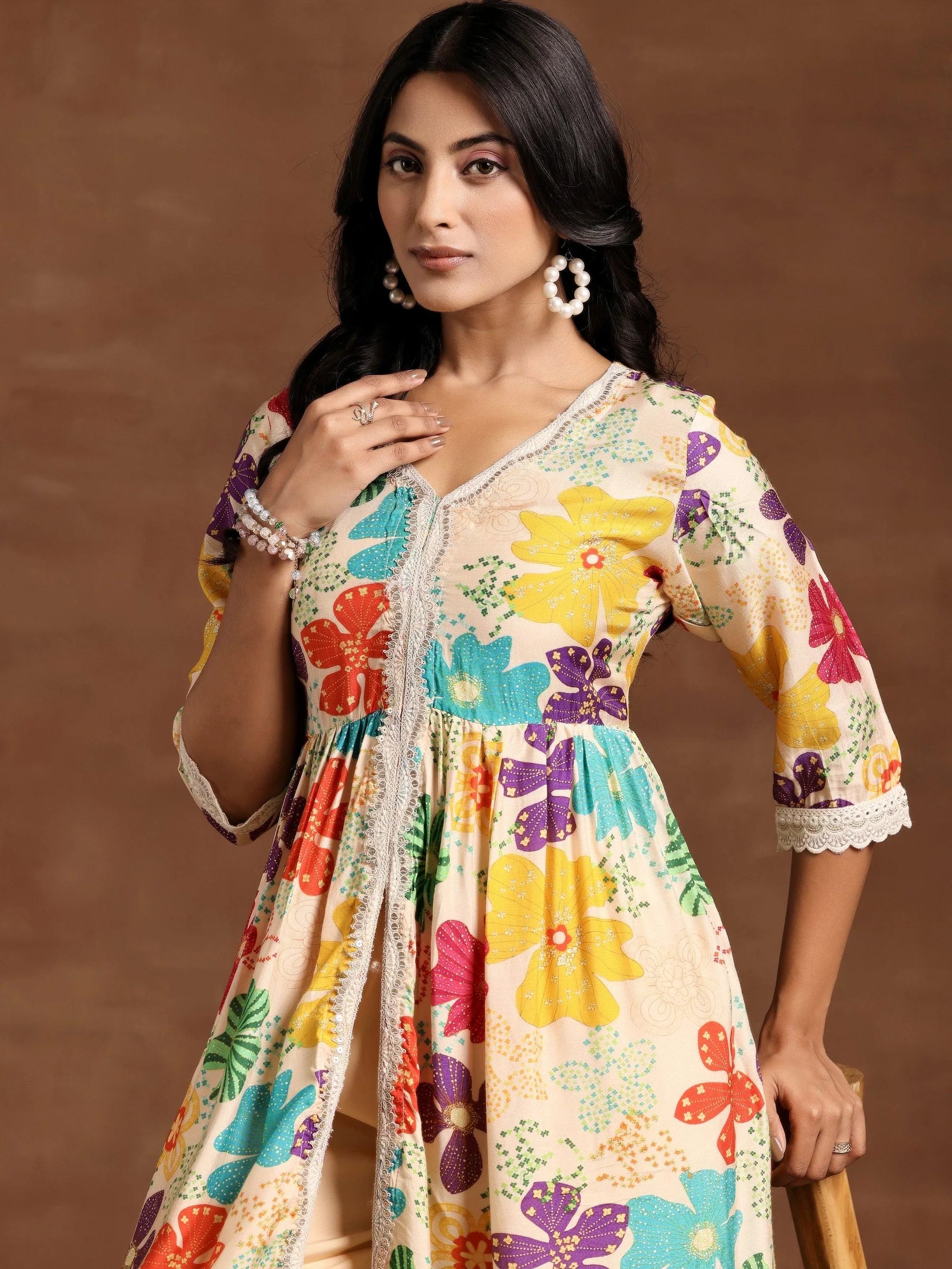 Rivaasa Presenting Beige Printed Silk Blend A-Line Kurta With Plazo