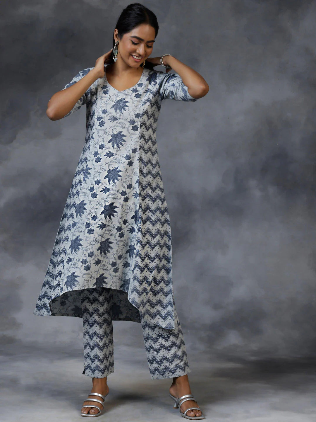 Grey Printed Cotton A-Line Kurta With Pant