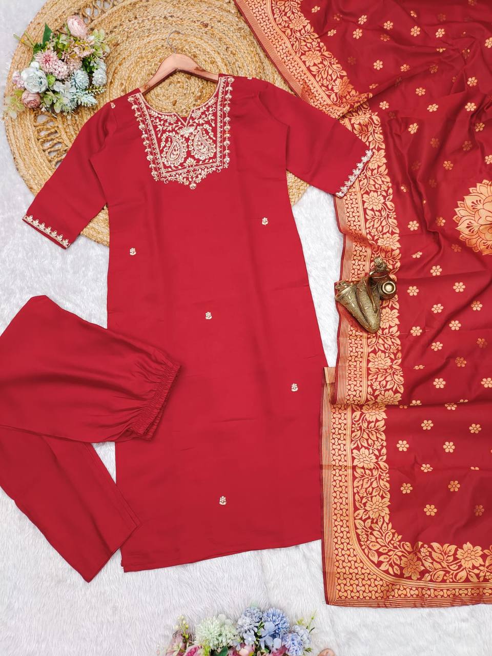 Embroidered Chandery  Roman Silk Red Kurti Set