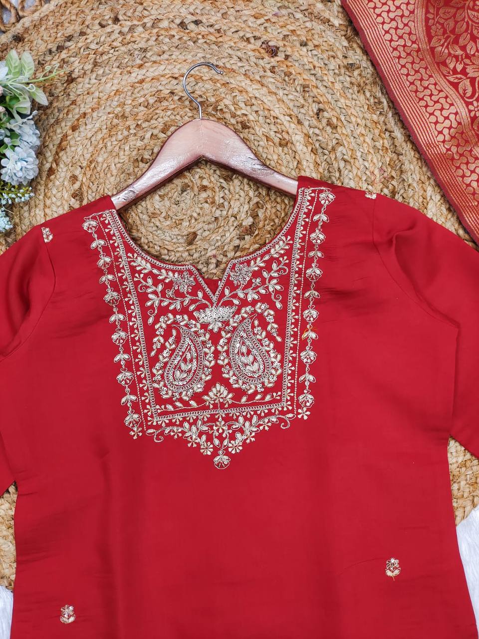 Embroidered Chandery  Roman Silk Red Kurti Set