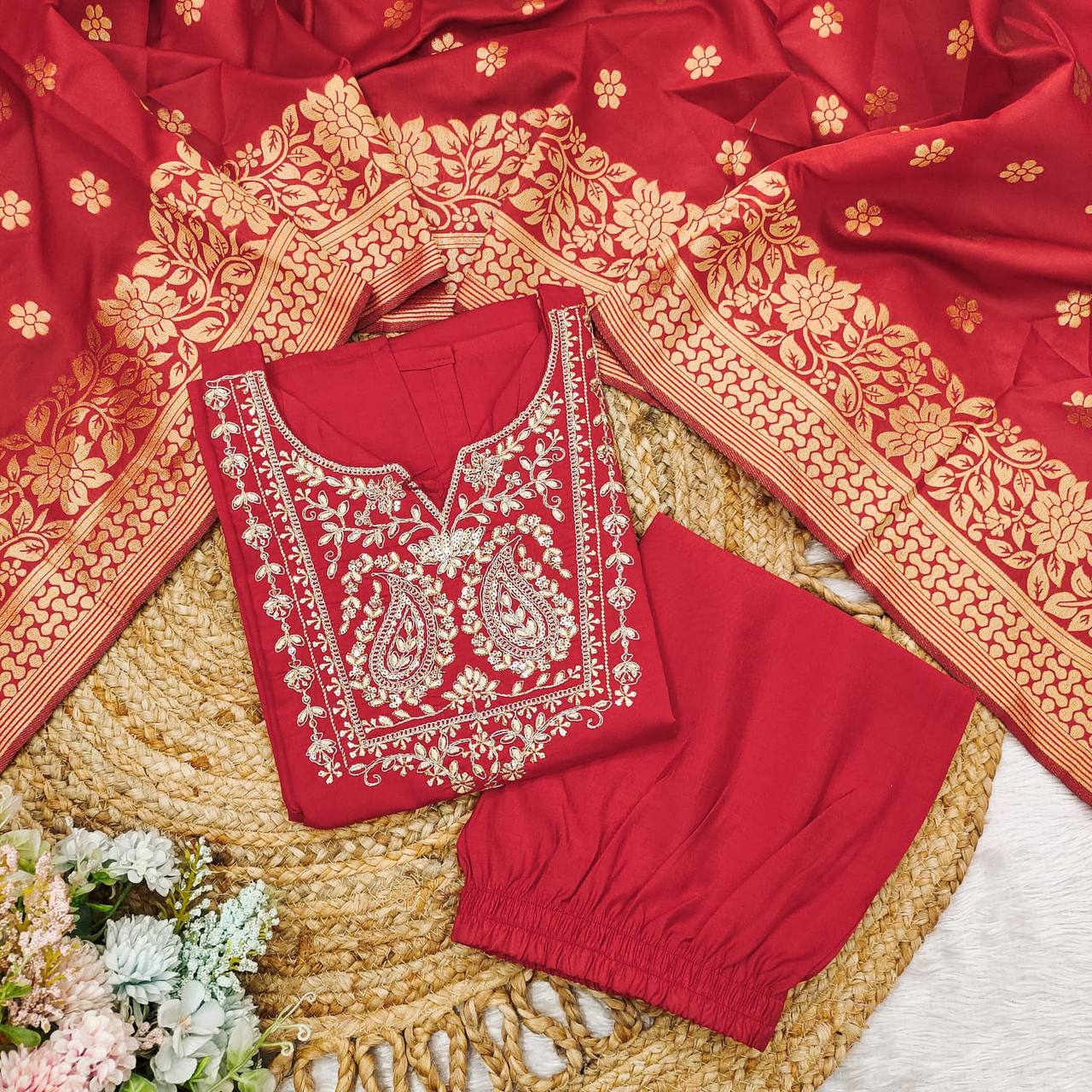 Embroidered Chandery  Roman Silk Red Kurti Set