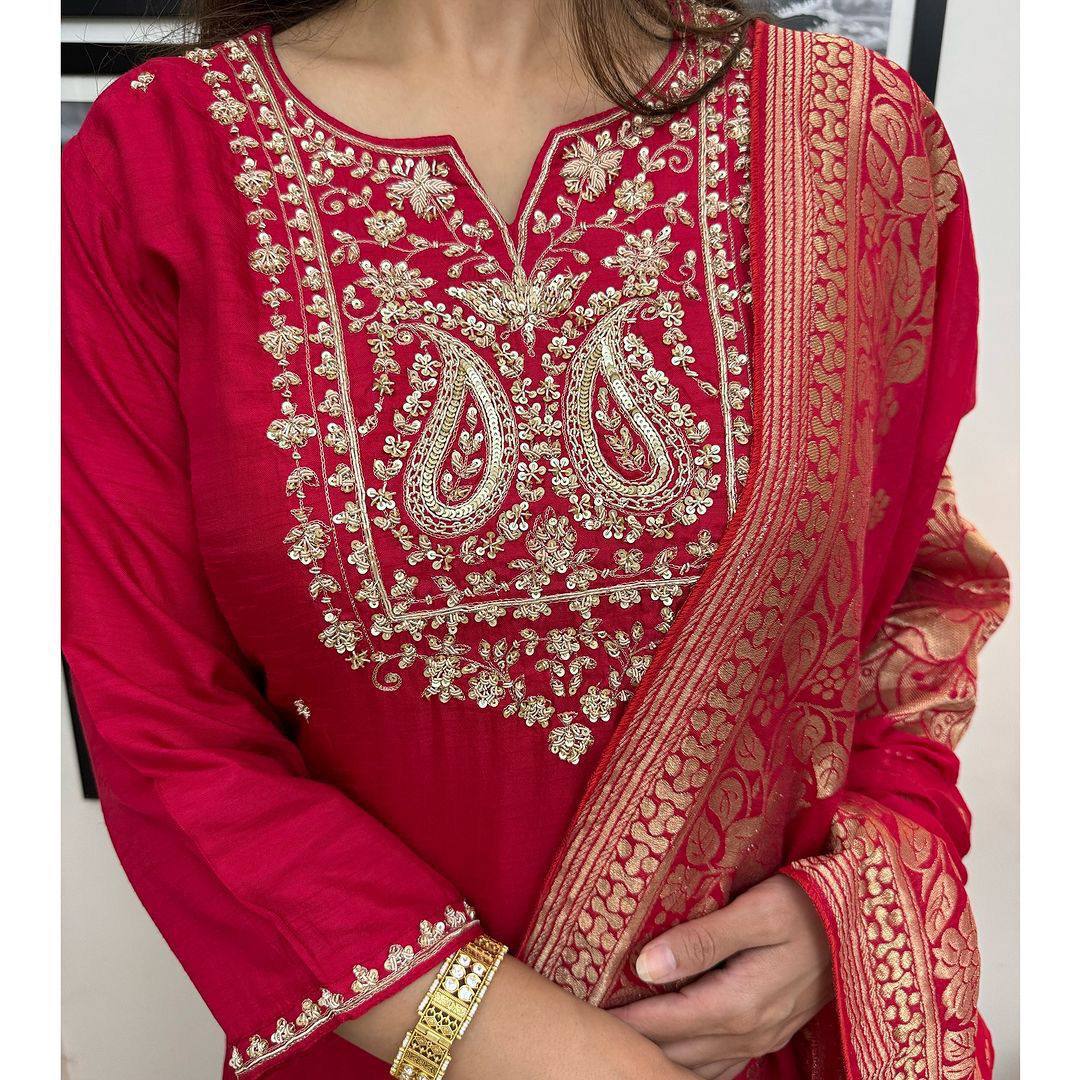 Embroidered Chandery  Roman Silk Red Kurti Set