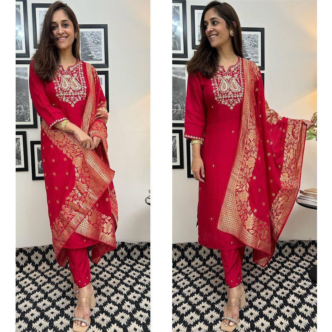 Embroidered Chandery  Roman Silk Red Kurti Set