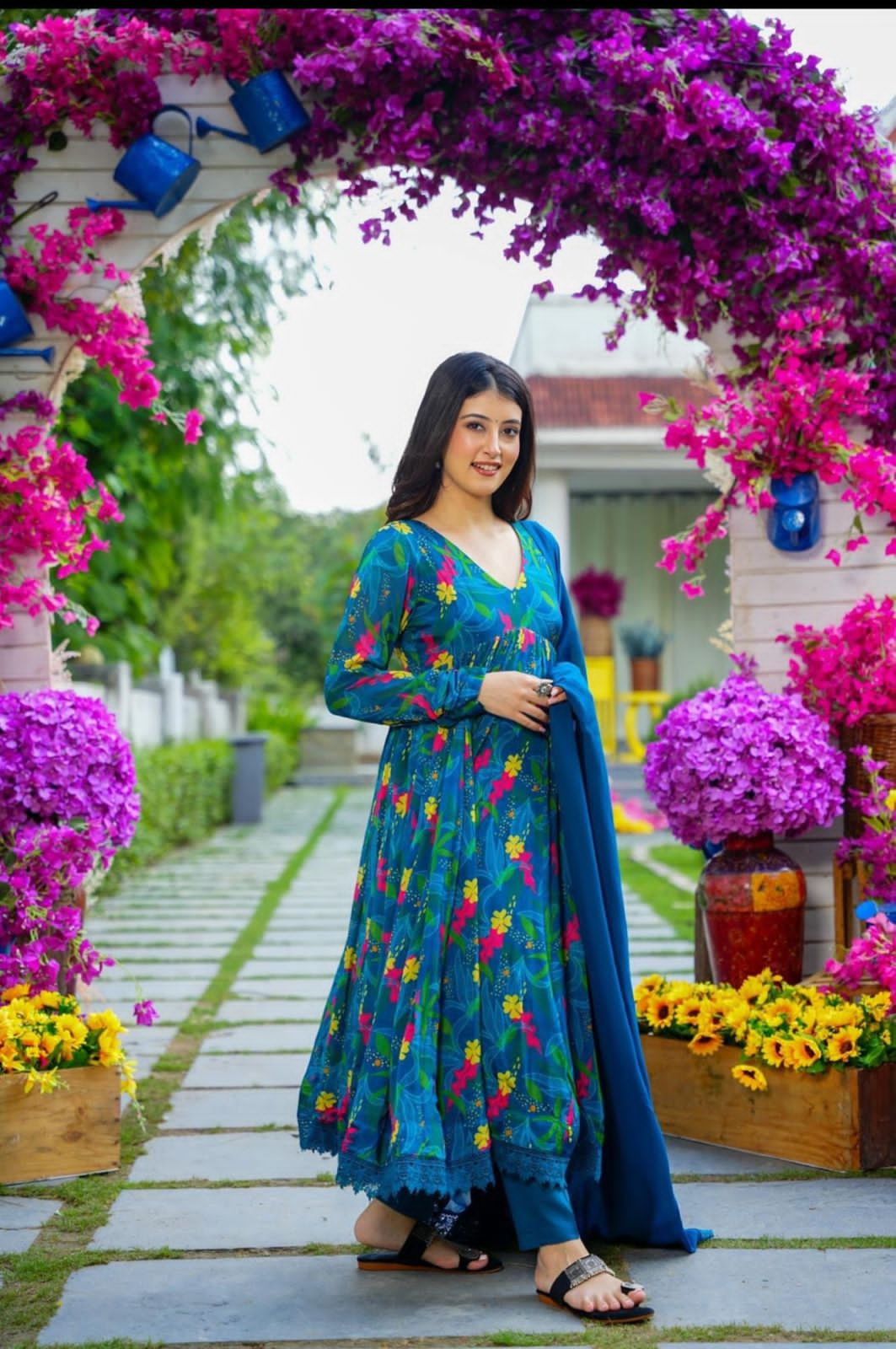 Beautiful  Blue Color Georgette Fabric Long Kurti Pant With Dupatta Set