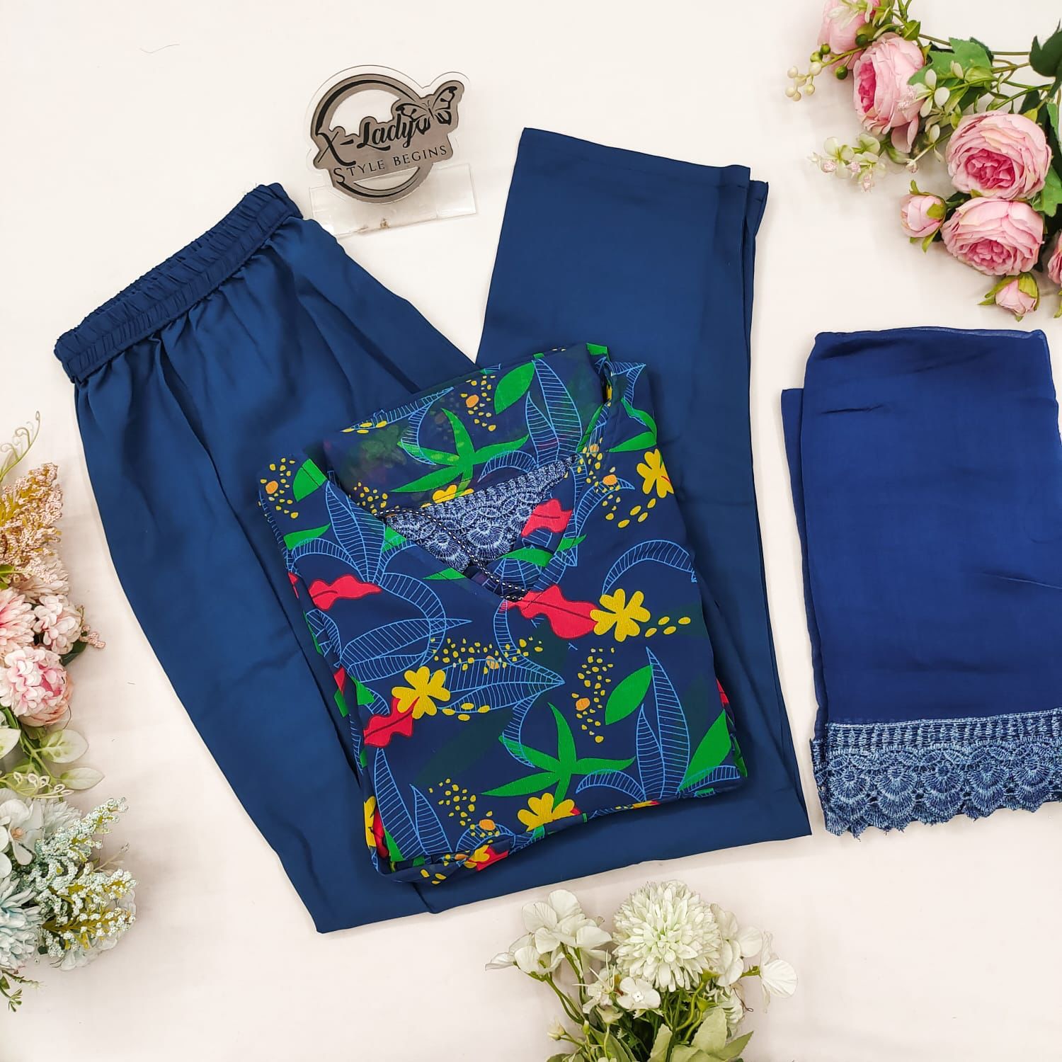 Beautiful  Blue Color Georgette Fabric Long Kurti Pant With Dupatta Set