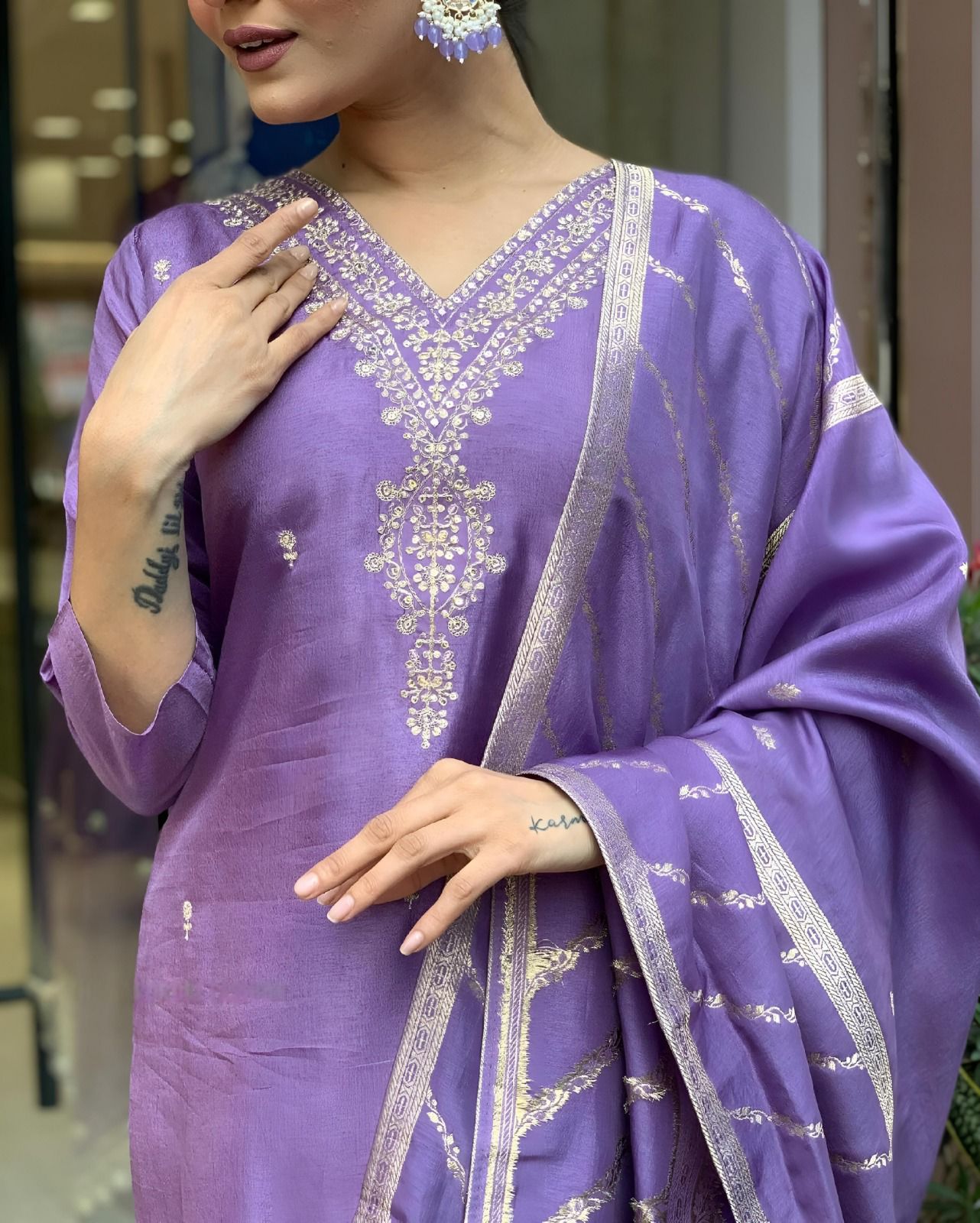 Lavender Chanderi Silk Embroidery Straight Suit Set