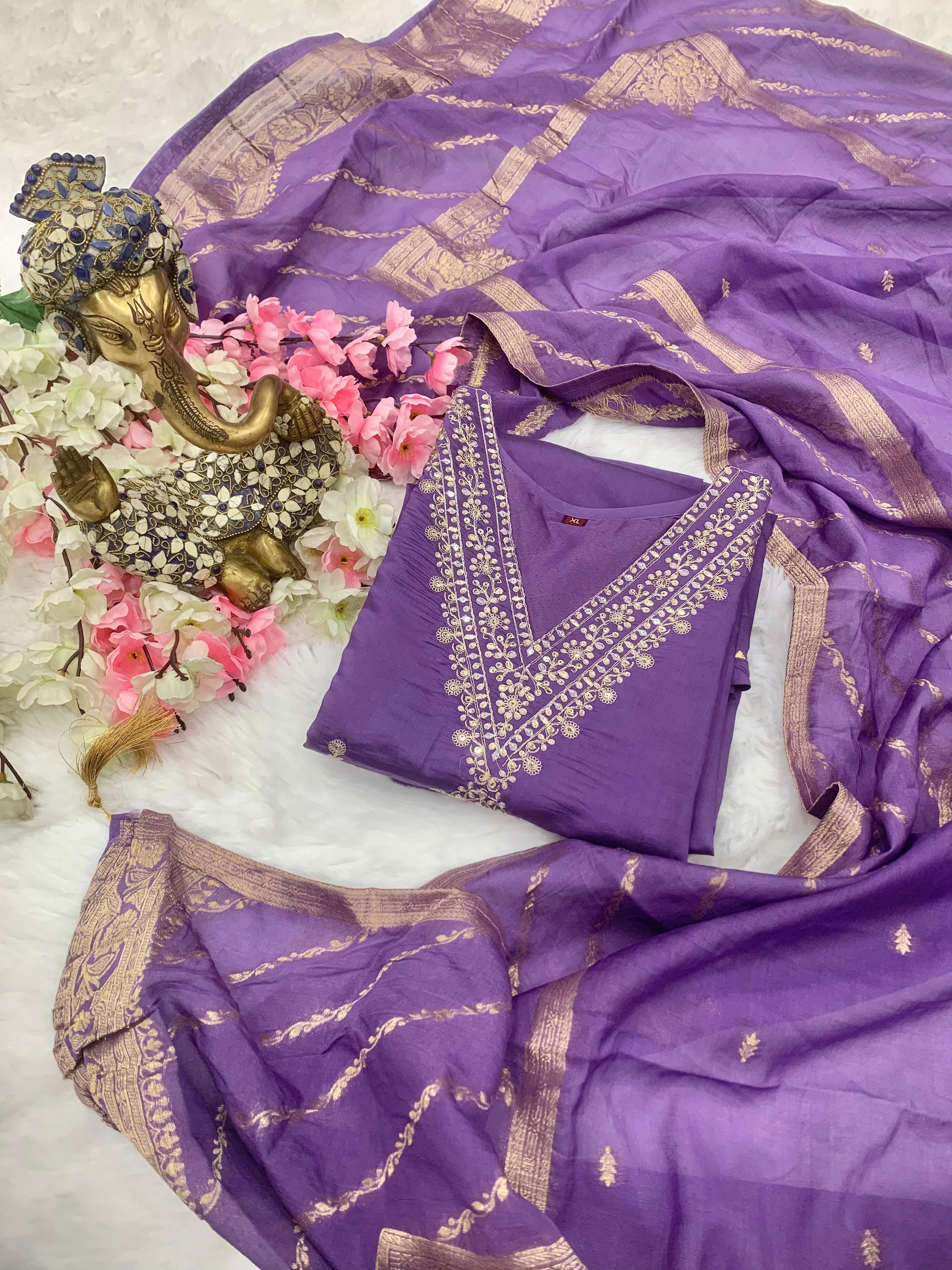 Lavender Chanderi Silk Embroidery Straight Suit Set