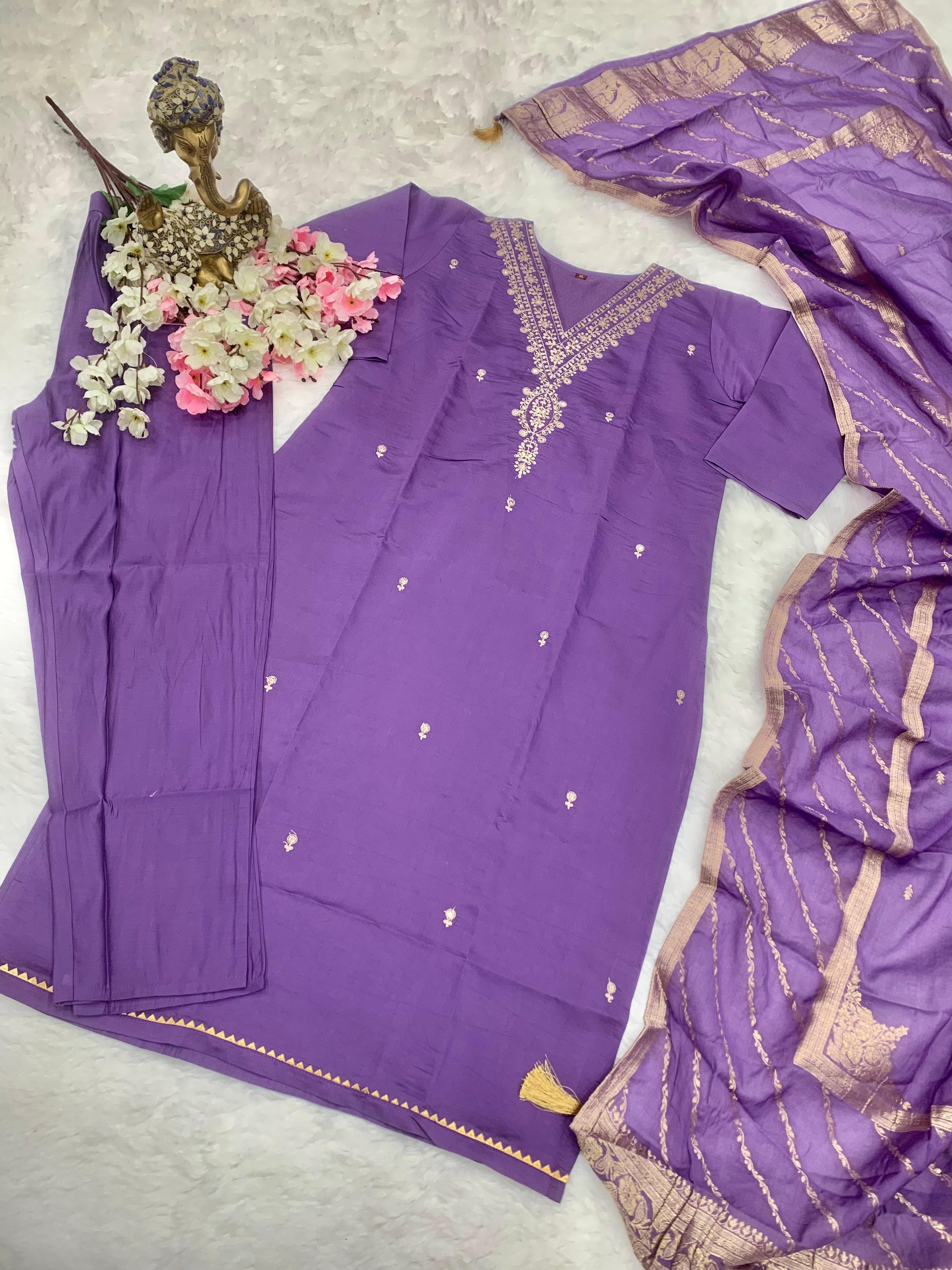 Lavender Chanderi Silk Embroidery Straight Suit Set