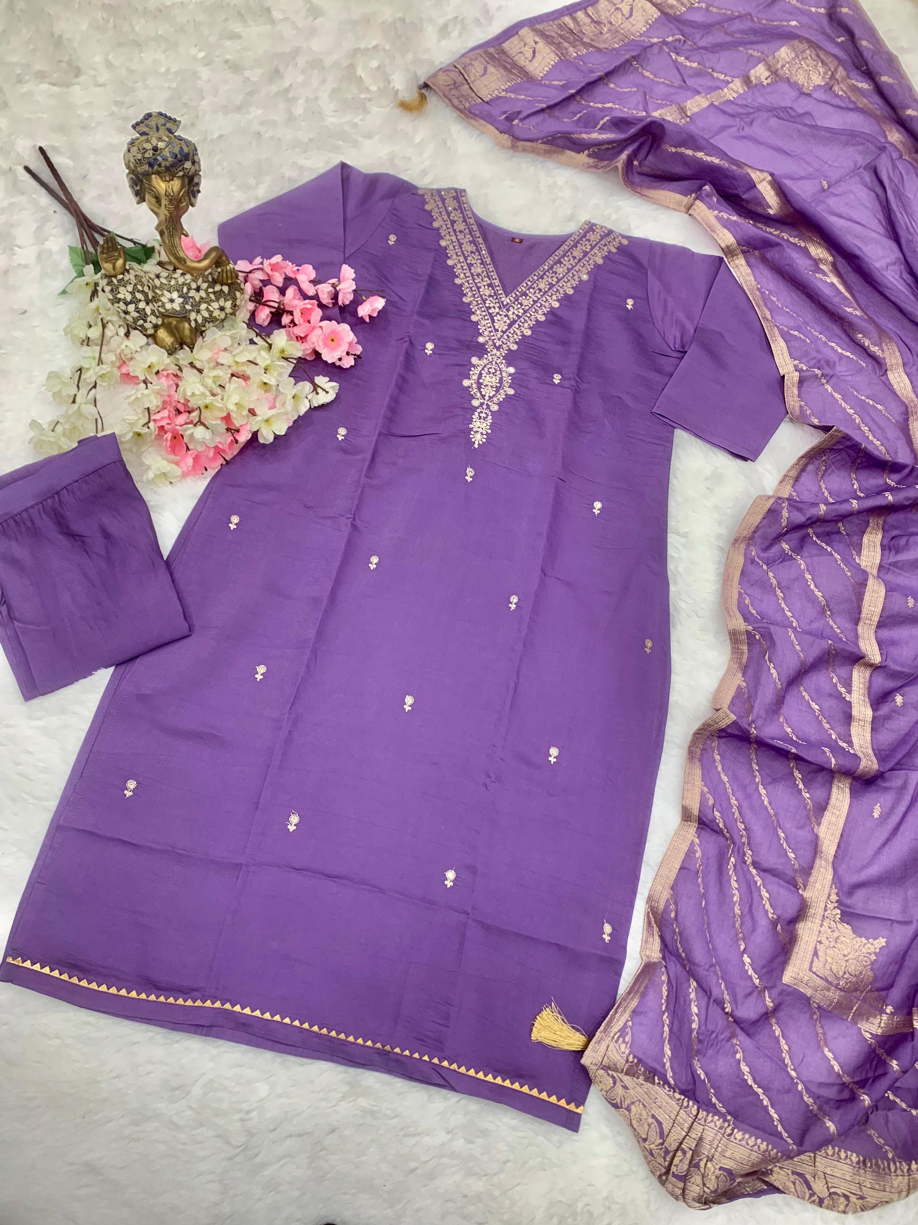 Lavender Chanderi Silk Embroidery Straight Suit Set