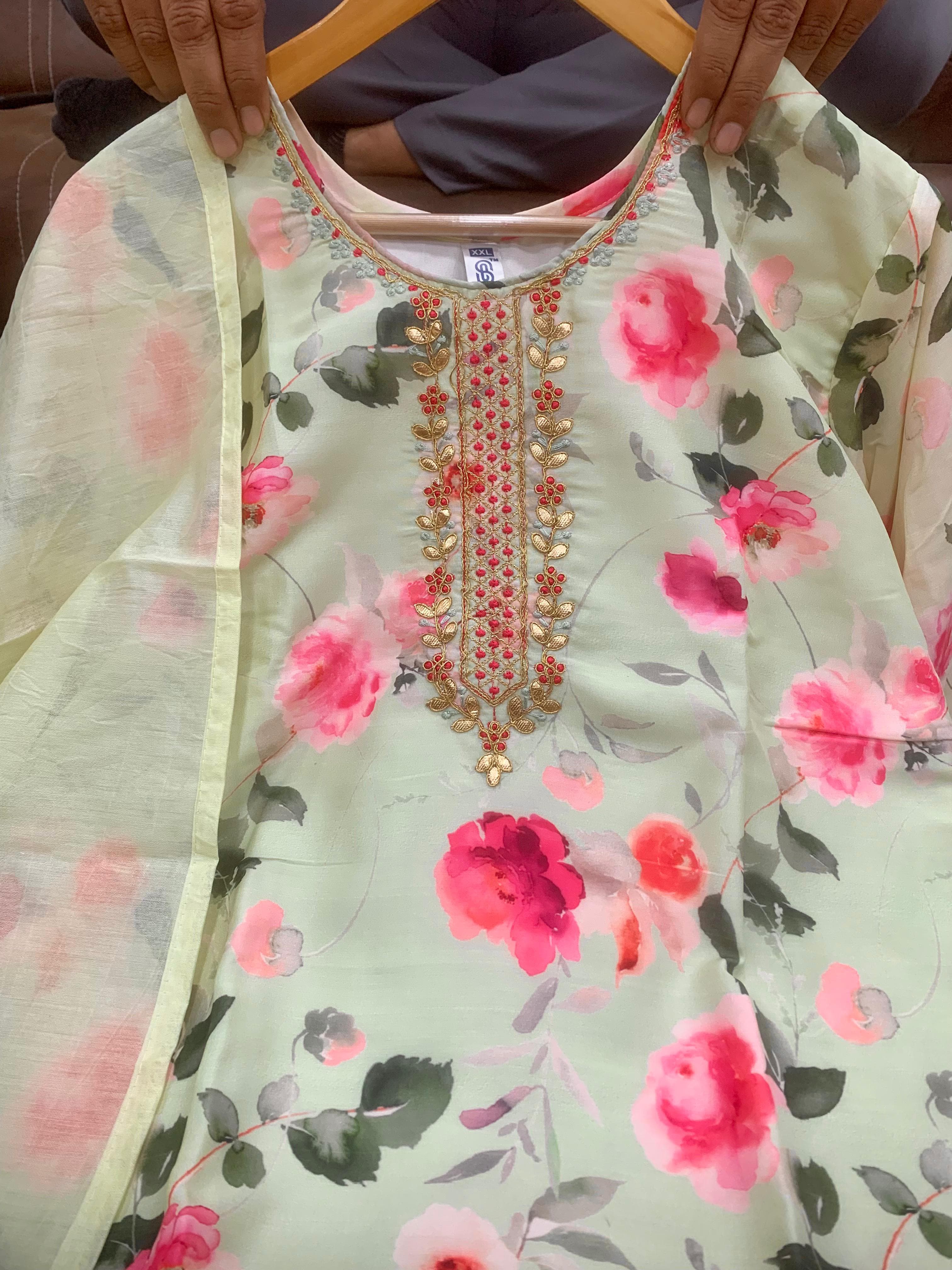 Pista Pure Kurti Pent And Dupatta With Digital Print And Embroidery