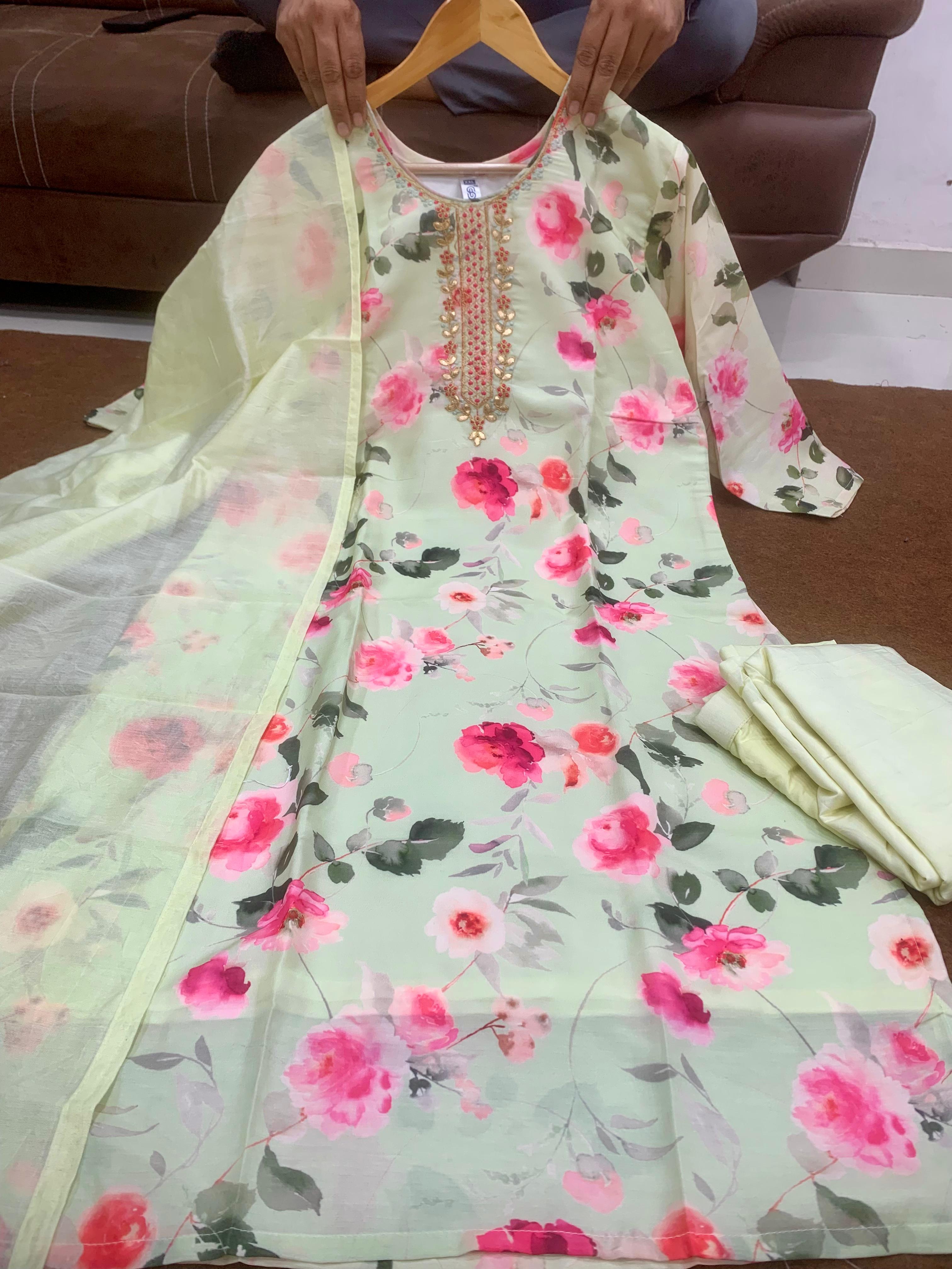 Pista Pure Kurti Pent And Dupatta With Digital Print And Embroidery