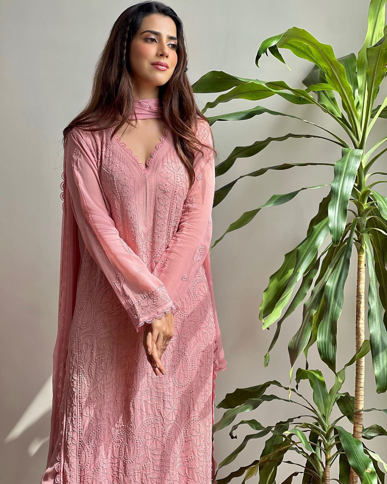 Shade Of Pink Fox Georgette  Embroidered Kurta And  Palazzo Set