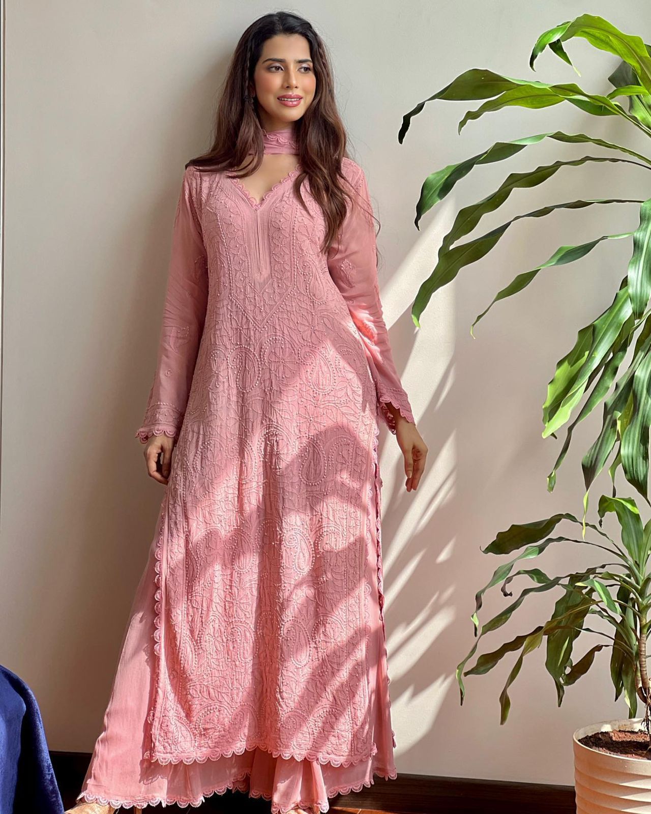 Shade Of Pink Fox Georgette  Embroidered Kurta And  Palazzo Set