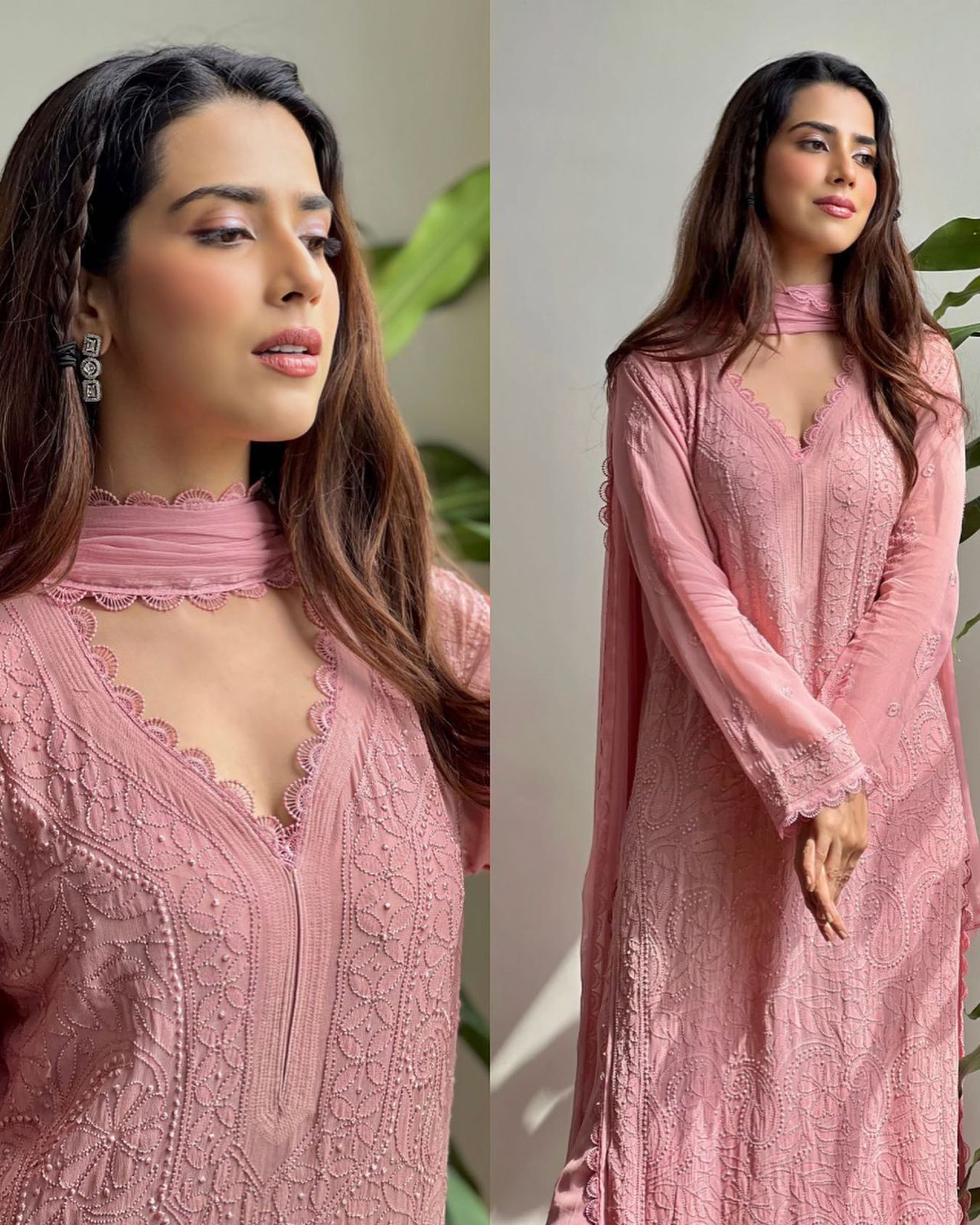 Shade Of Pink Fox Georgette  Embroidered Kurta And  Palazzo Set