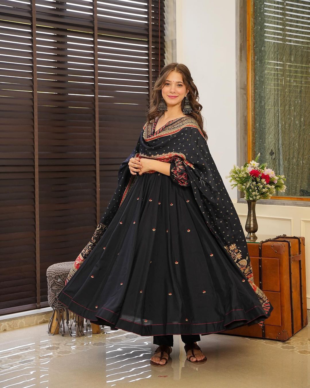 Slub Cotton Embroidery And Sequence Black Anarkali Suit