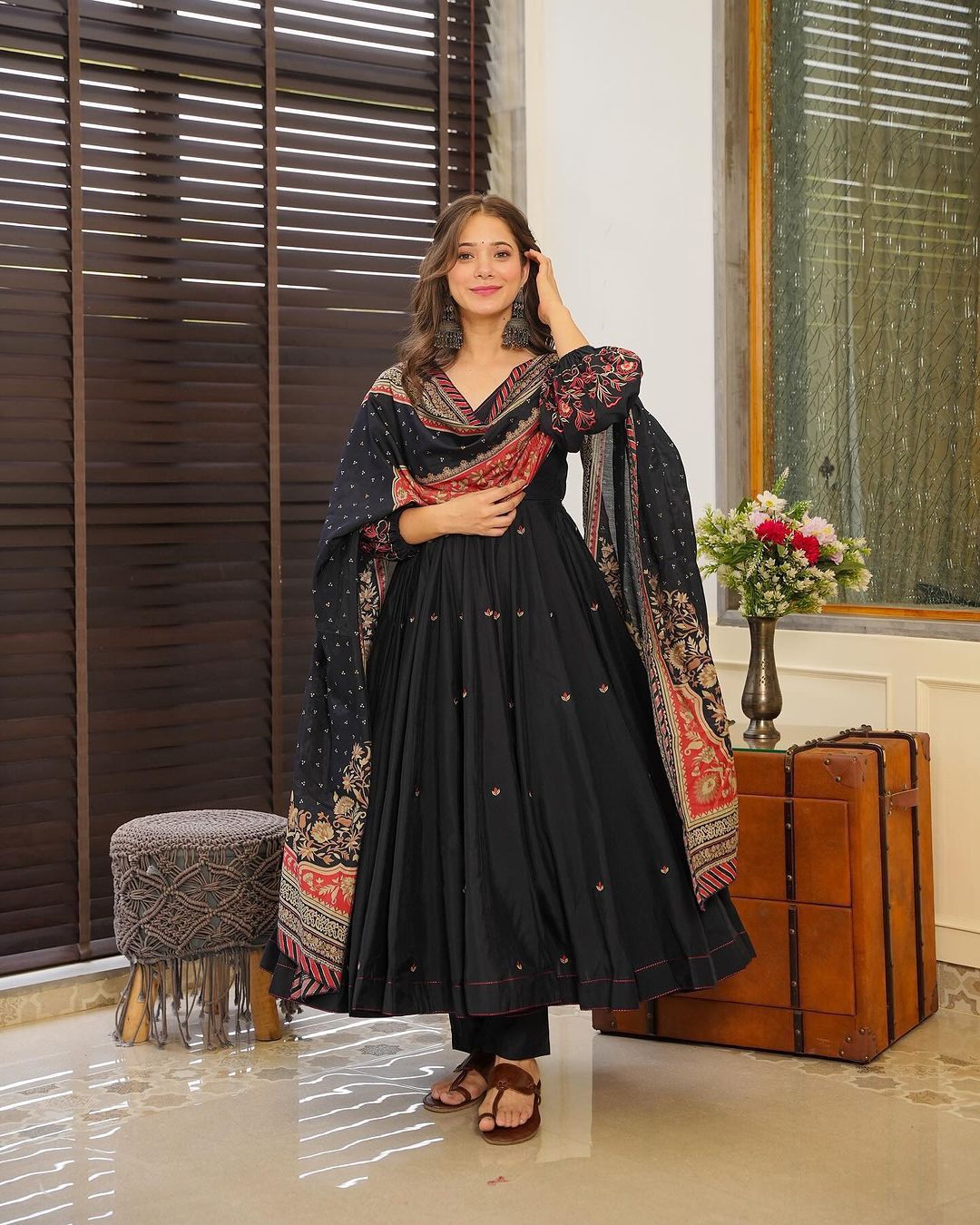 Slub Cotton Embroidery And Sequence Black Anarkali Suit