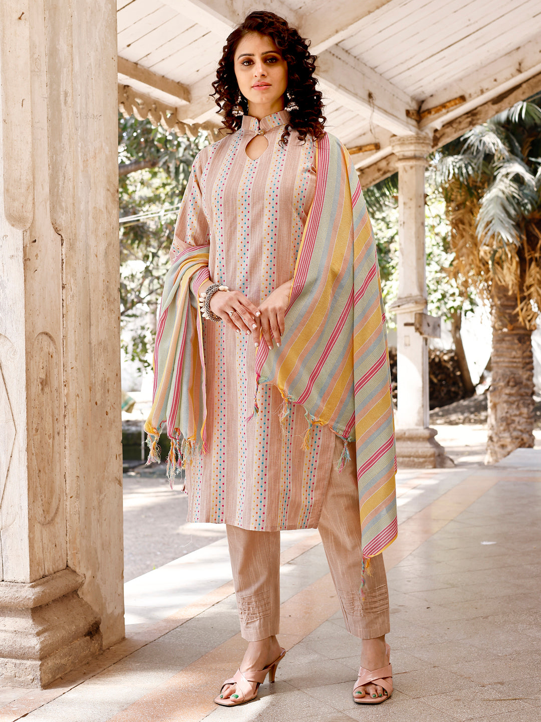 Casual Wear Striped Cotton Kurti And Pant With Dupatta For Women's