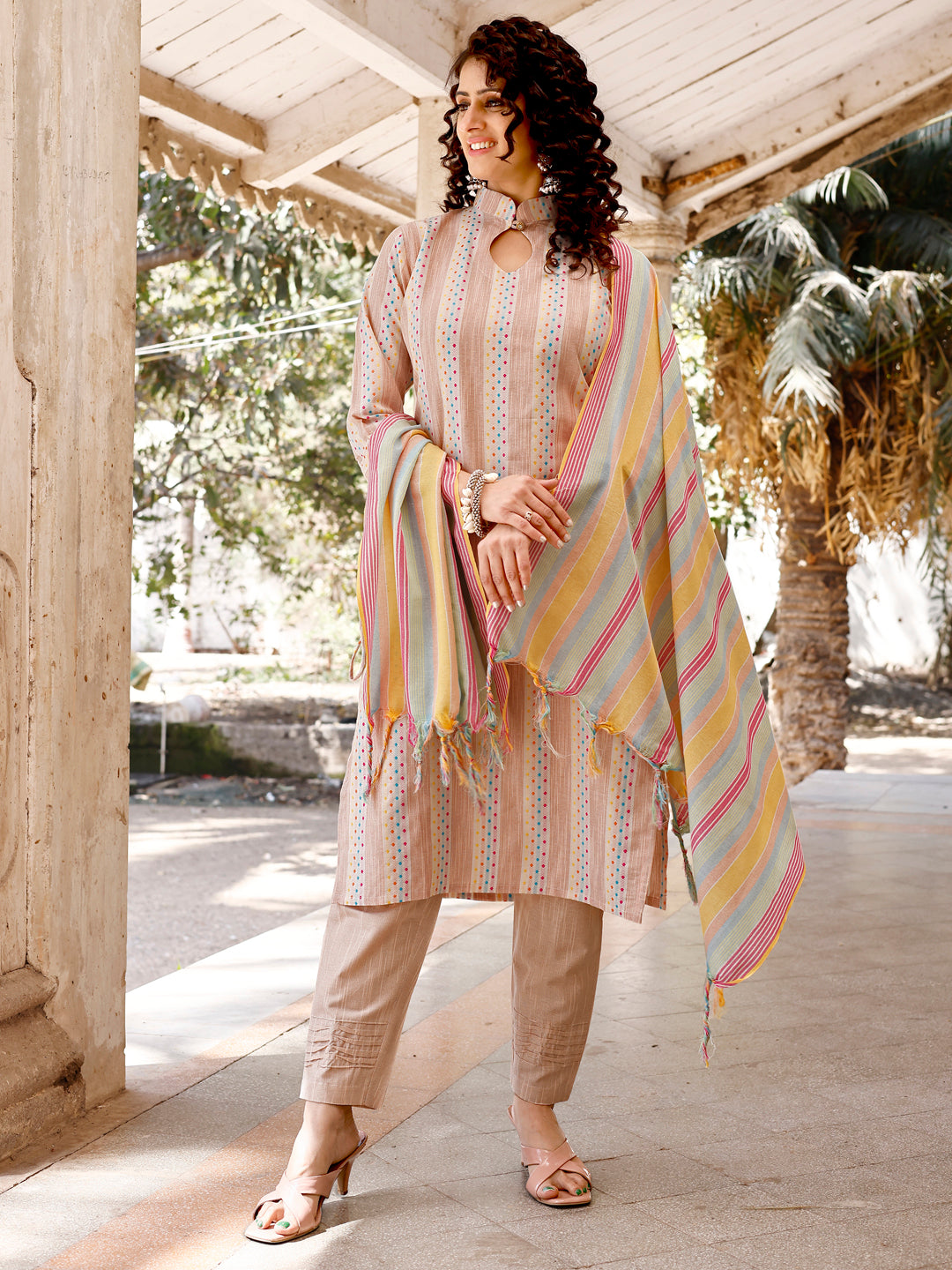 Casual Wear Striped Cotton Kurti And Pant With Dupatta For Women's