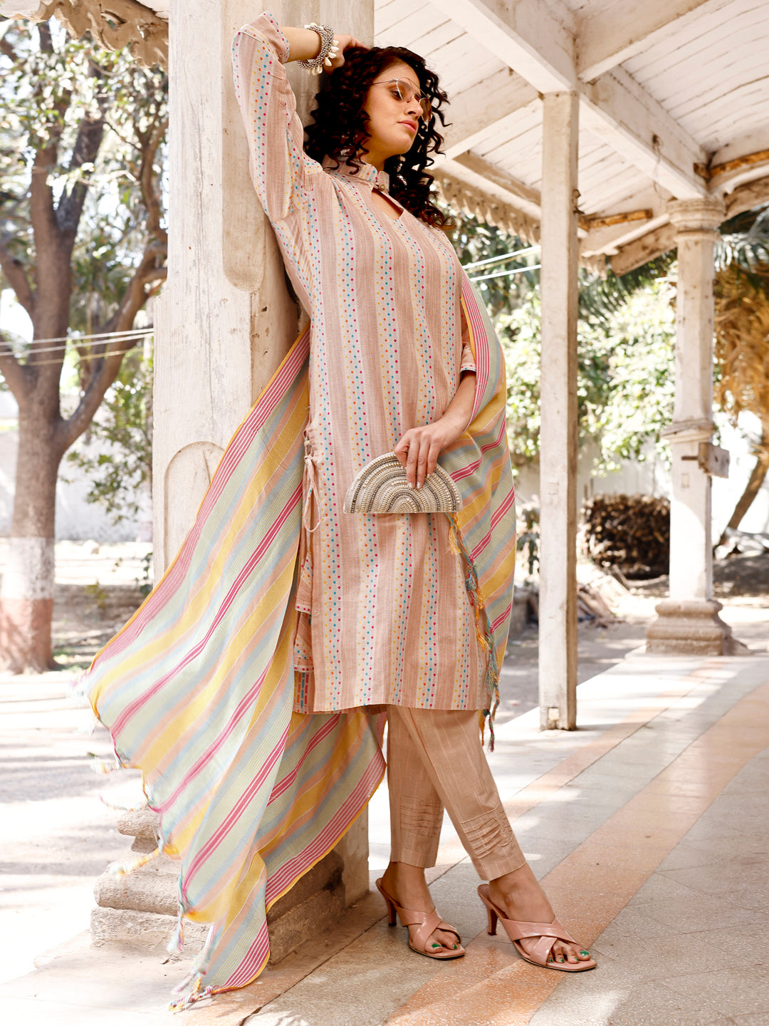 Casual Wear Striped Cotton Kurti And Pant With Dupatta For Women's